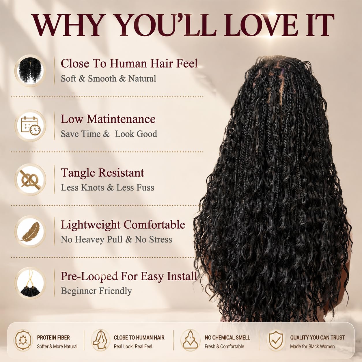 Boho Crochet Braids 20 Inch Close to Human Hair Feel, 10 Pack Pure Protein Fiber Goddess Box Braids Pre-Looped, Layered Ends for Less Tangle, Soft Lightweight Crochet Hair for Black Women(20Inch 1B#)