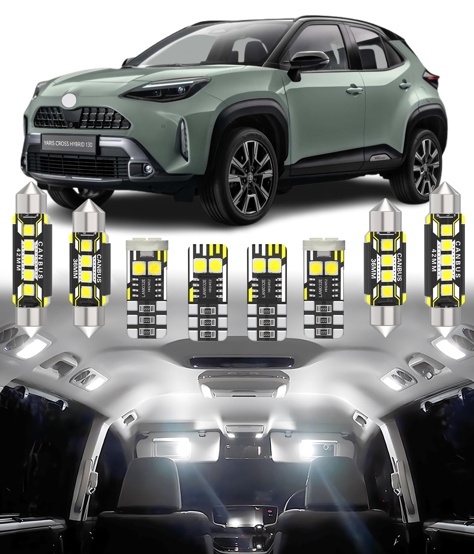 BMT xms 8pz Kit di Luci LED per Interni per TOYOTA Yaris Cross 2020-2024, Lampadine LED per Interni Auto e Camion 6000K Bianco Luminoso