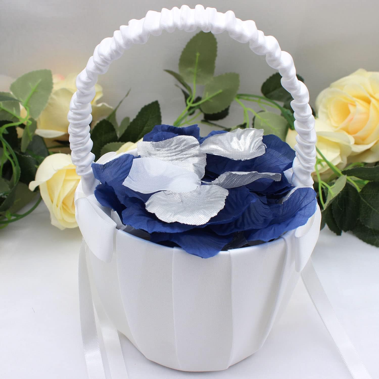 900PCS Navy Blue Silver White Artificial Flowers Silk Rose Petals Flower Girl Scatter Petals for Wedding Bridal Shower Aisle Centerpieces Table Confetti Boy Baby Shower Graduation Party Decoration