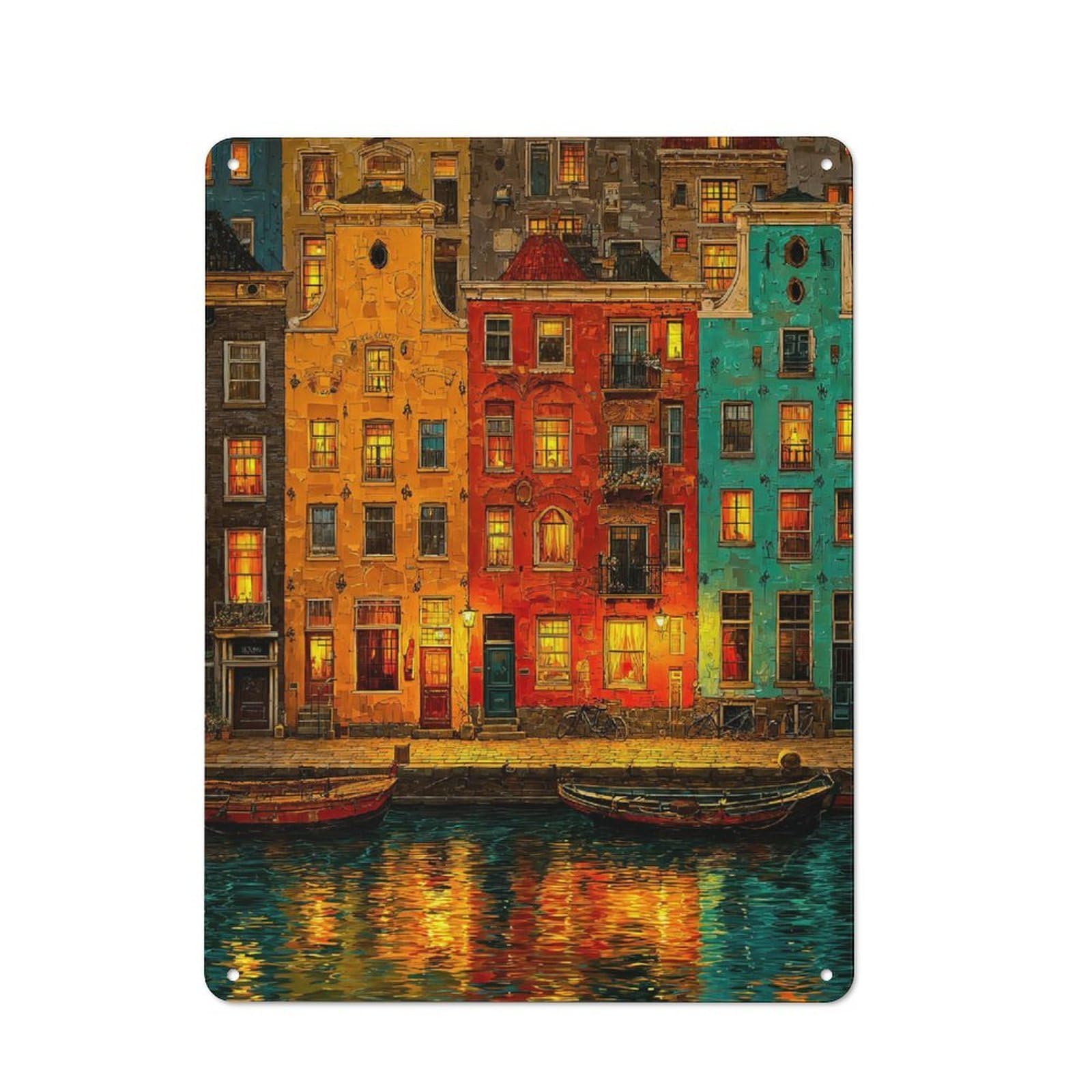 Junmoney Style-11 Colorful Amsterdam Canal Houses At Night Rustic Tin Sign 40X30cm For Home Office Or Studio, For Vintage Wall Decor Fans, For Home Office And Studio Walls