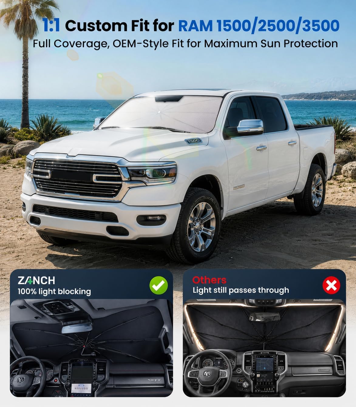 Zanch Windshield Sun Shade Umbrella for Ram 1500/2500/3500 (2015-2026) [99% UV Protection, Up to 75℉ Cooler] Reflective Heat Shield, Built to Last, Custom Fit, Foldable Front Sunshade Umbrella