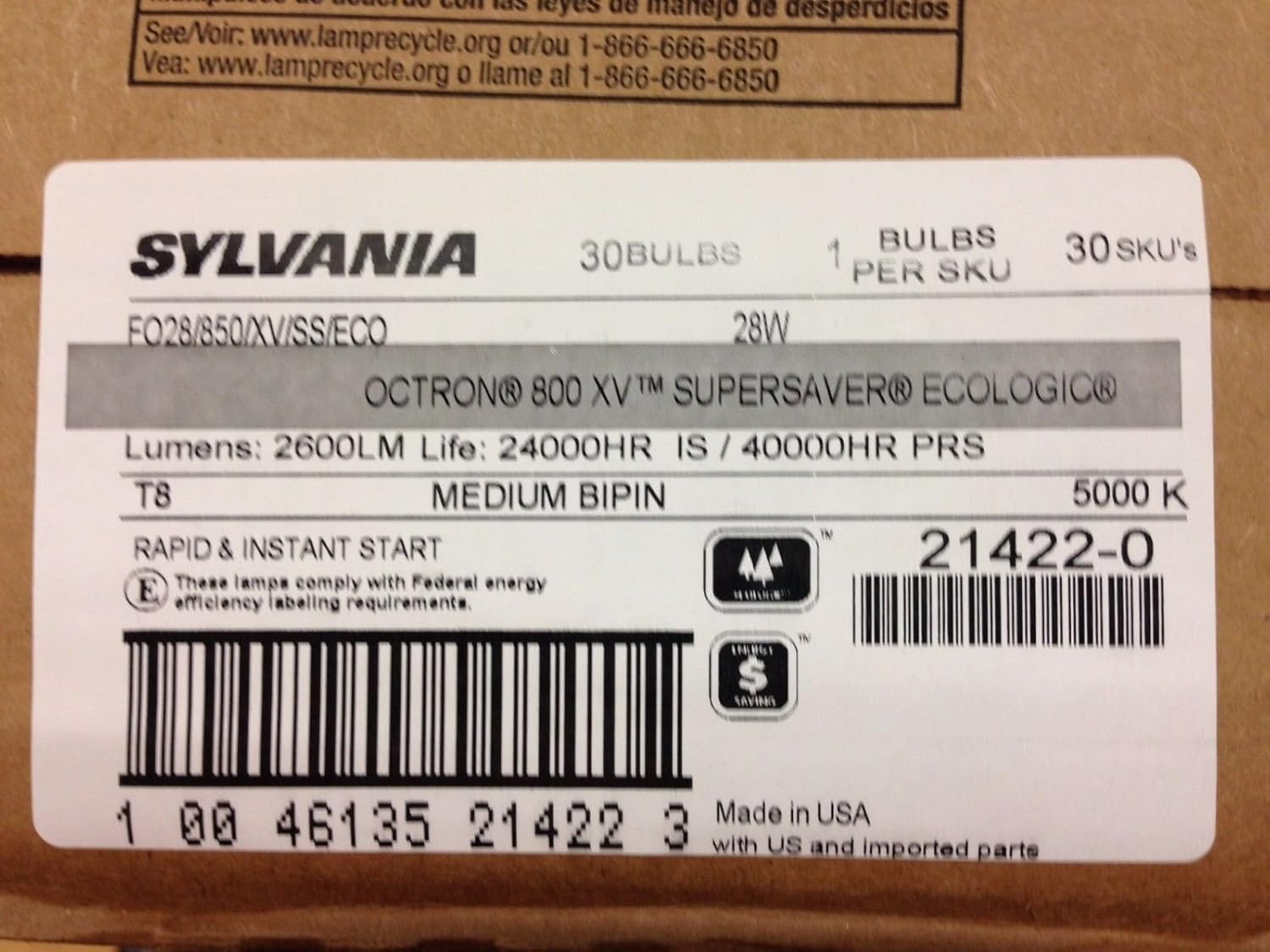 Box of 30 Pcs Sylvania 21422 FO28/850/Xv/Ss/Eco 28 Watt 48" T8 5000K 40K Hrs