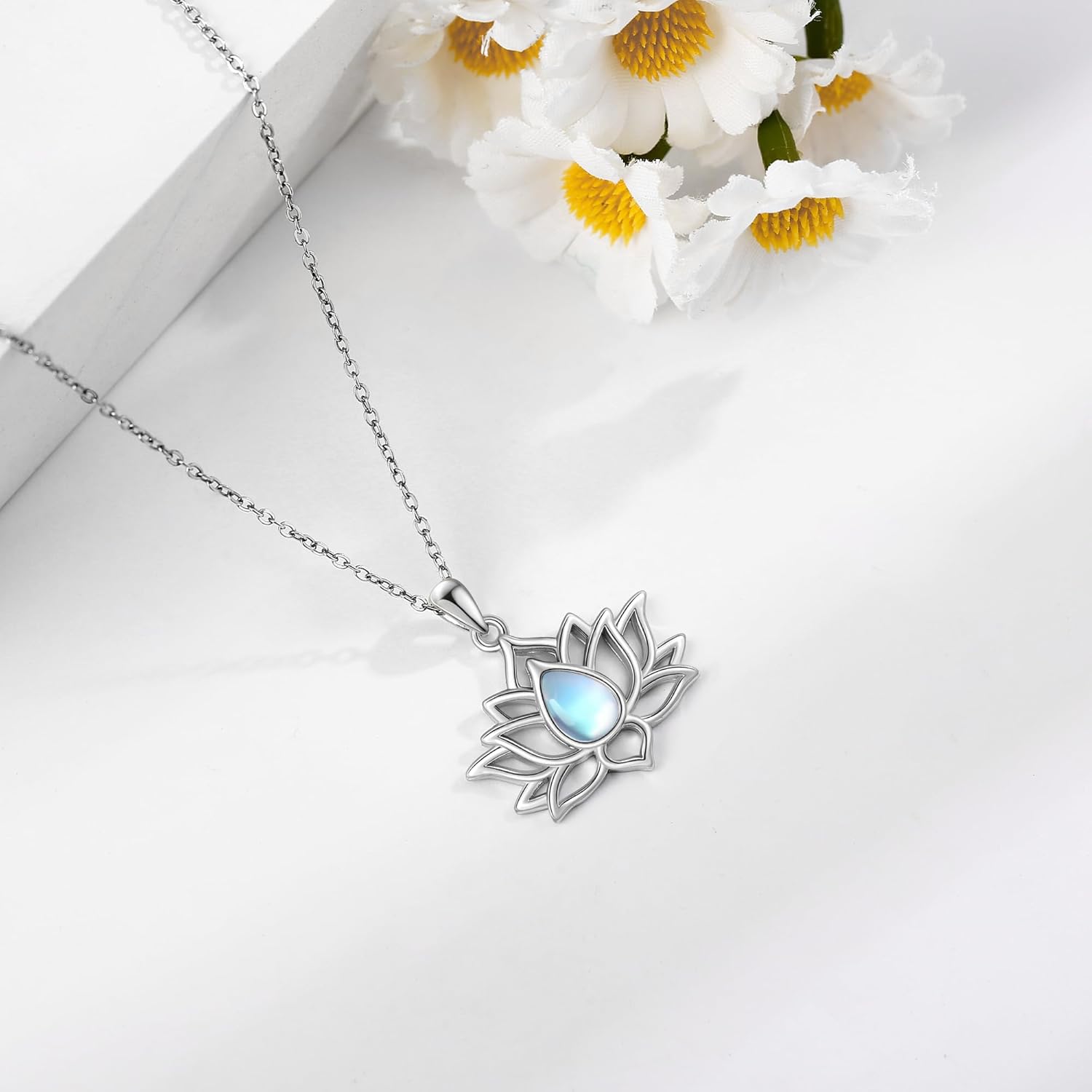 Lotus Necklaces 925 Sterling Silver Lotus Flower Necklace Moonstone Lotus Jewelry Gifts for Women - Image 3