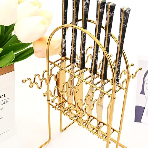 Miniatura 6 de Juego de cubiertos colgantes de 24 piezas con un estante para cubiertos, cubiertos de acero inoxidable con mango de madera de imitación de mármol