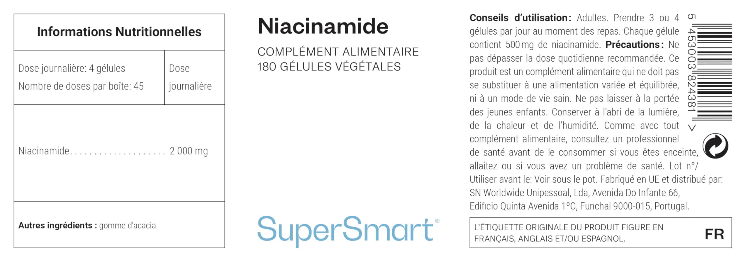 Supersmart - Niacinamide - Forme de Vitamine B3 (Niacinamide) - Contribue à Améliorer la Fonction Cognitive | Sans OGM - 180 Capsules Végétariennes