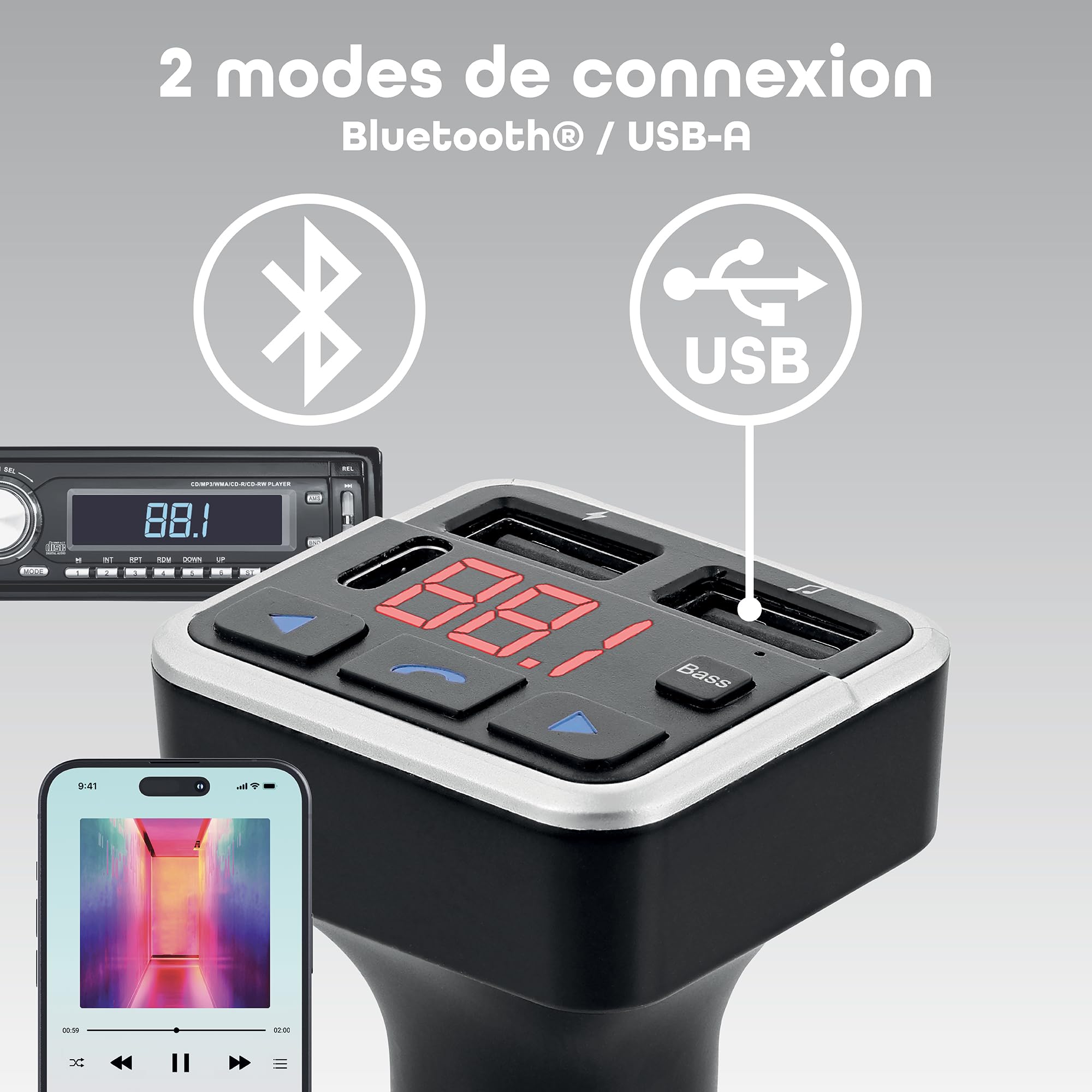 T'nB - Transmisor FM Bluetooth 3 en 1, kit de mano libre integrado, dos puertos USB-A Max y un puerto USB-C - Negro