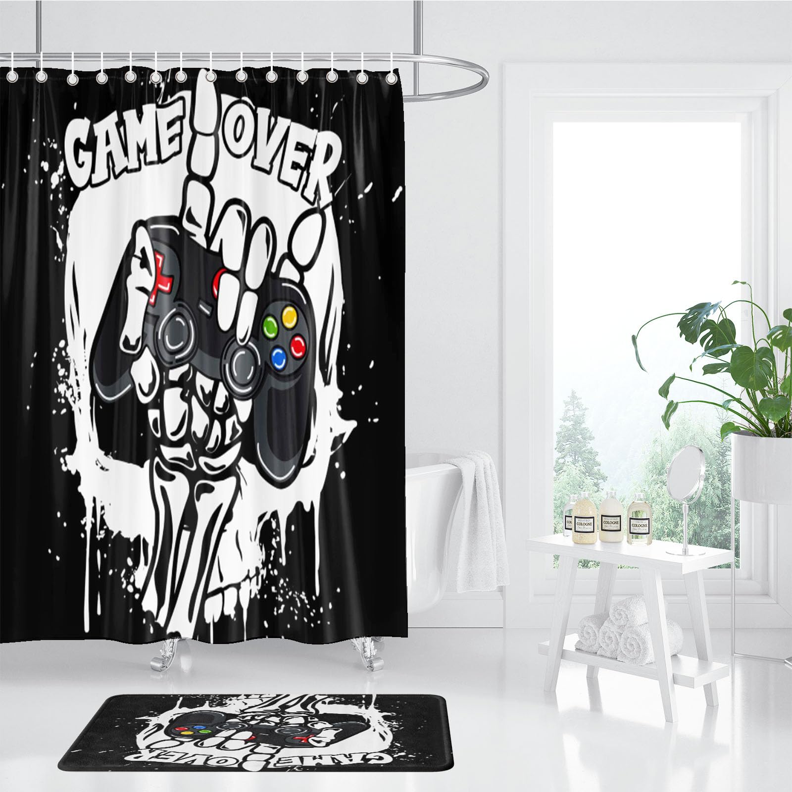 Gaming Controller Duschvorhang, Gaming-Duschvorhang-Set Gaming Duschvorhang 180x200 Gamer GamingTextil Duschvorhänge Badezimmerteppich 4-teiliges Set (4,200 x 200 cm)