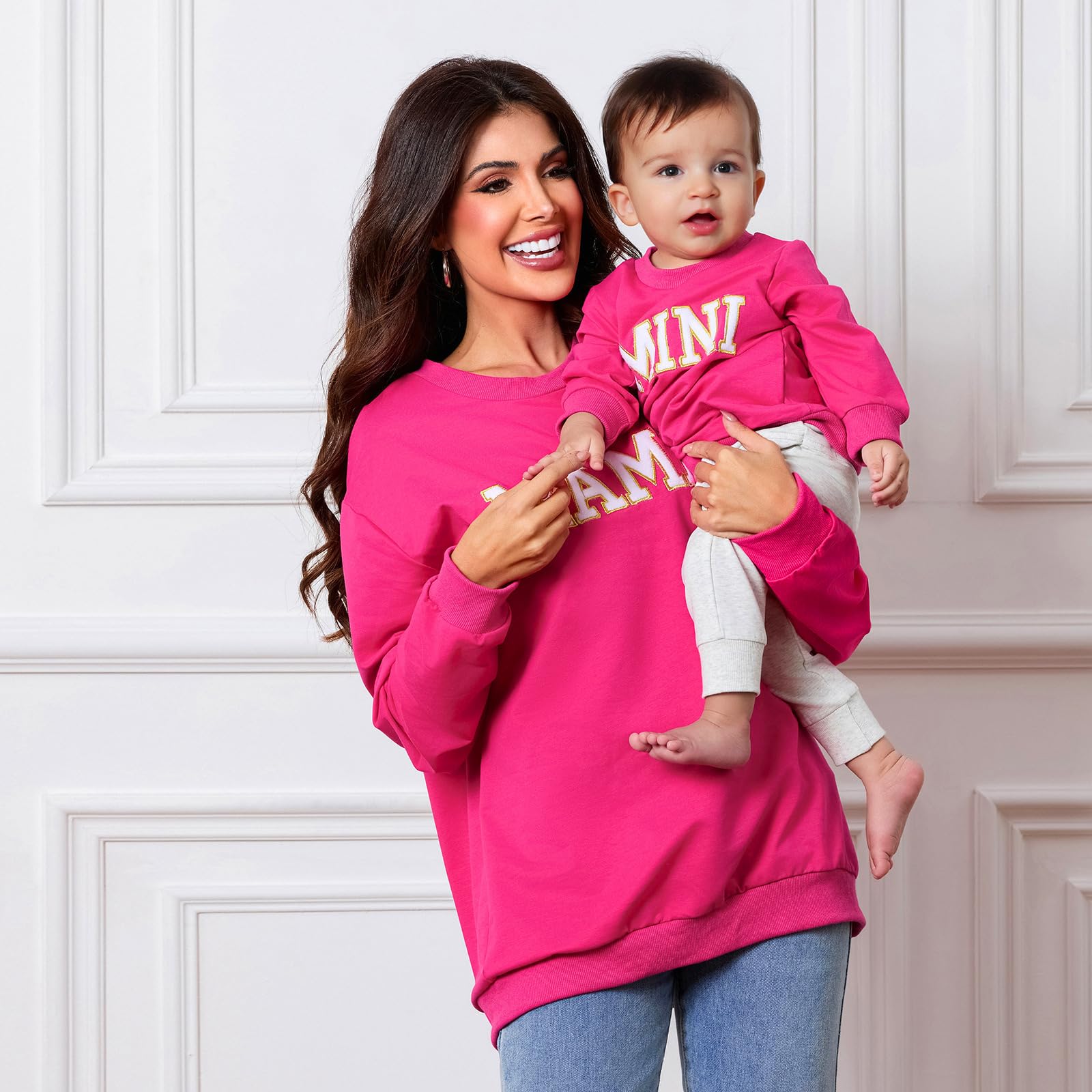 Winioder Mommy and Me Matching Outfits Letter Print Crewneck Pullover Sweatshirt Long Sleeve Shirt Tops Baby Clothes (Women,Matching Rose,X-Large)