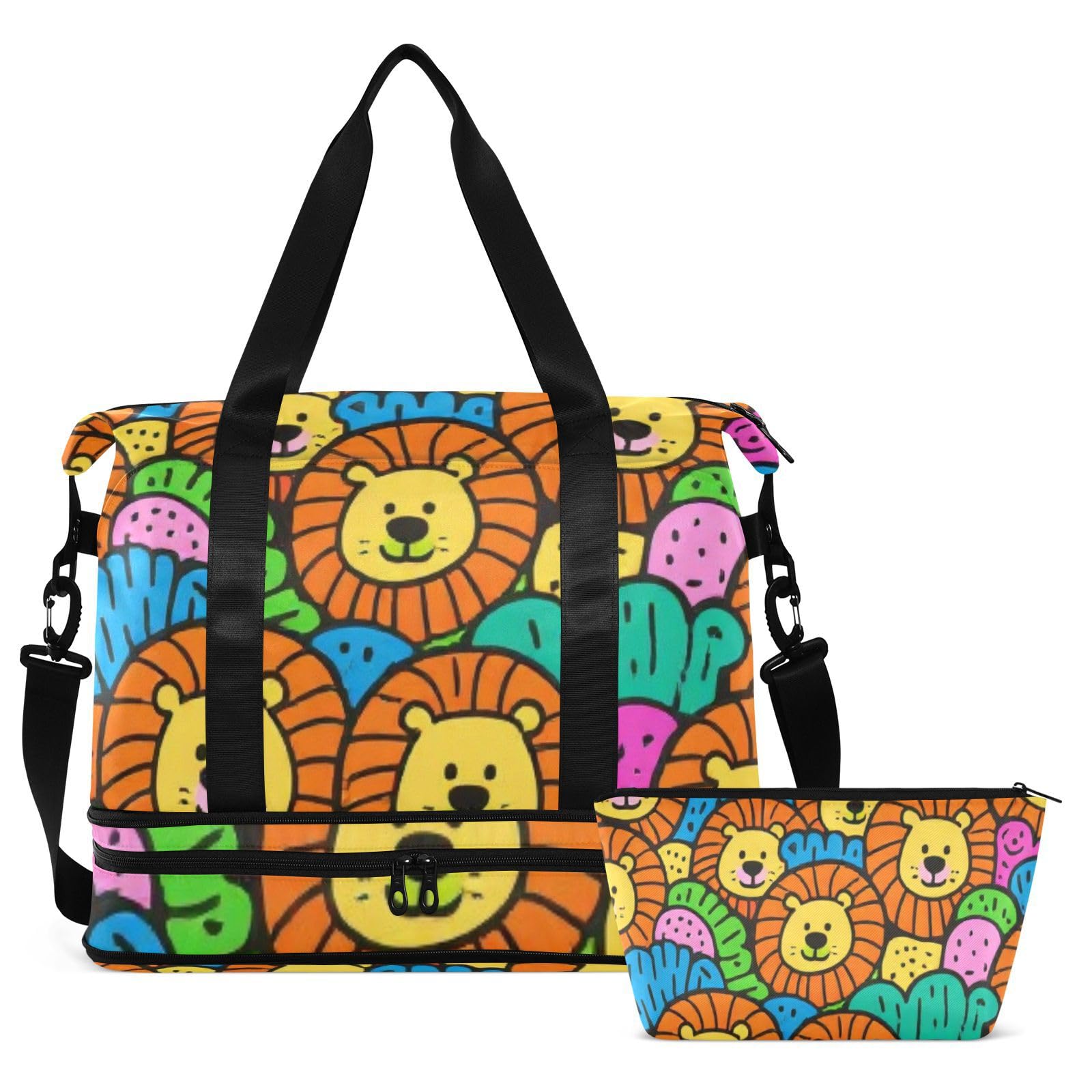 Lion Doodle kolorowa torba weekendowa z nocowaniem z kieszenią na mokro regulowany pasek torba na siłownię do treningu wielofunkcyjna dla mężczyzn kobiet