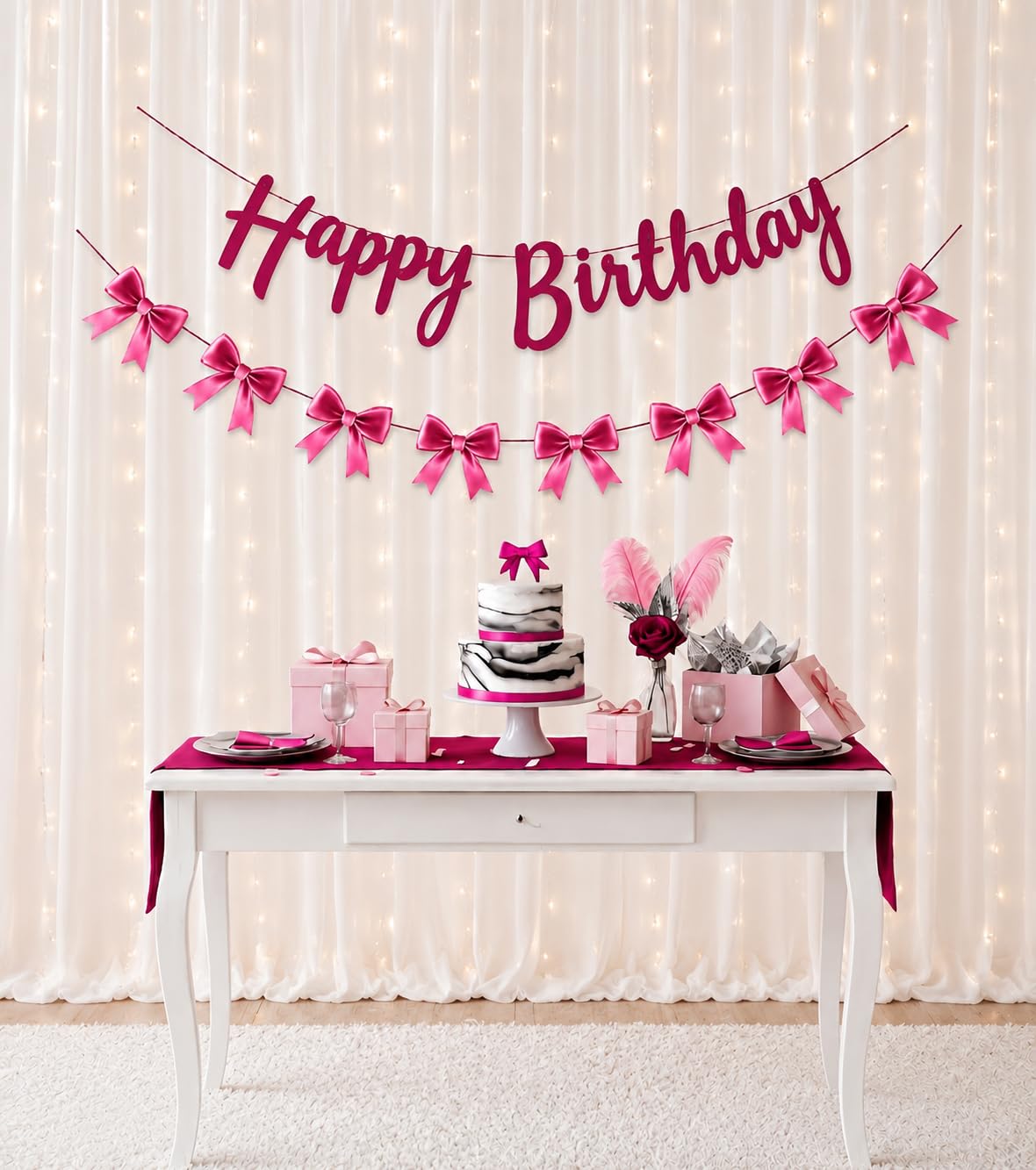 Happy Birthday Banner with Pink Bow Garland, Party Decoration Set, Hot Pink Theme-image-39