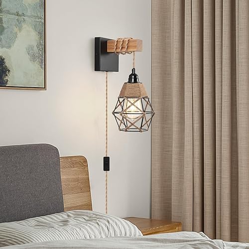 Miniatura 5 de Juego de dos apliques de pared enchufables, lámpara de pared de granja con cable de enchufe, lámparas de pared tejidas de ratán, iluminación rústica