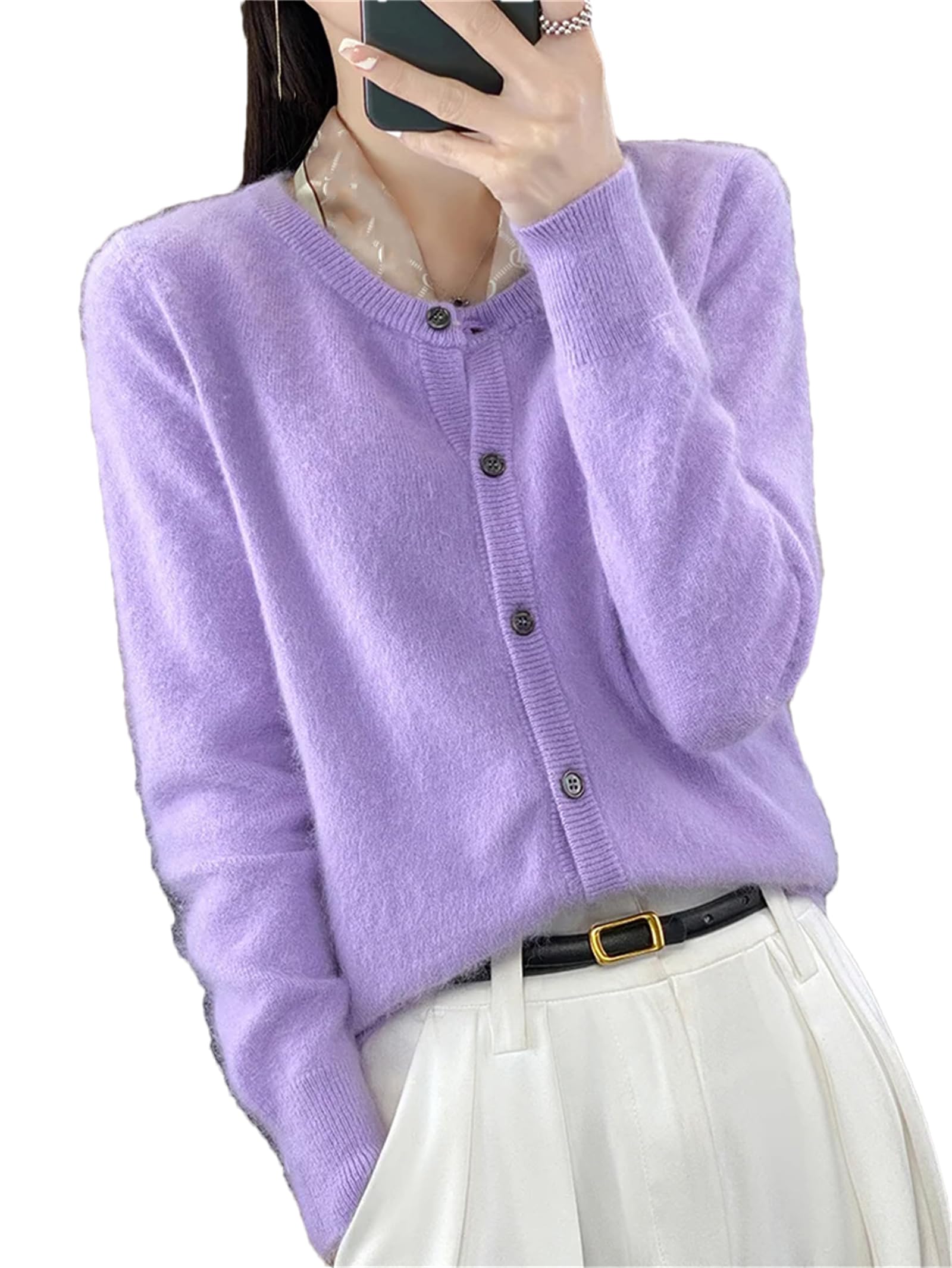 Hndudnff Women Warm Cashmere Cardigan Sweaters Loose Crewneck Button Down Solid Knitwear Coat