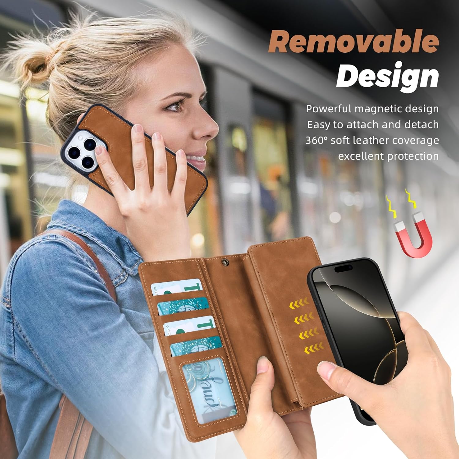 TwoHead Wallet Case Compatible with iPhone 16 pro max,Detachable Magnetic Phone Case,PU Leather All-Round Protective Cover Wallet with Card Holder/Change Pocket,6.9 in,Brown