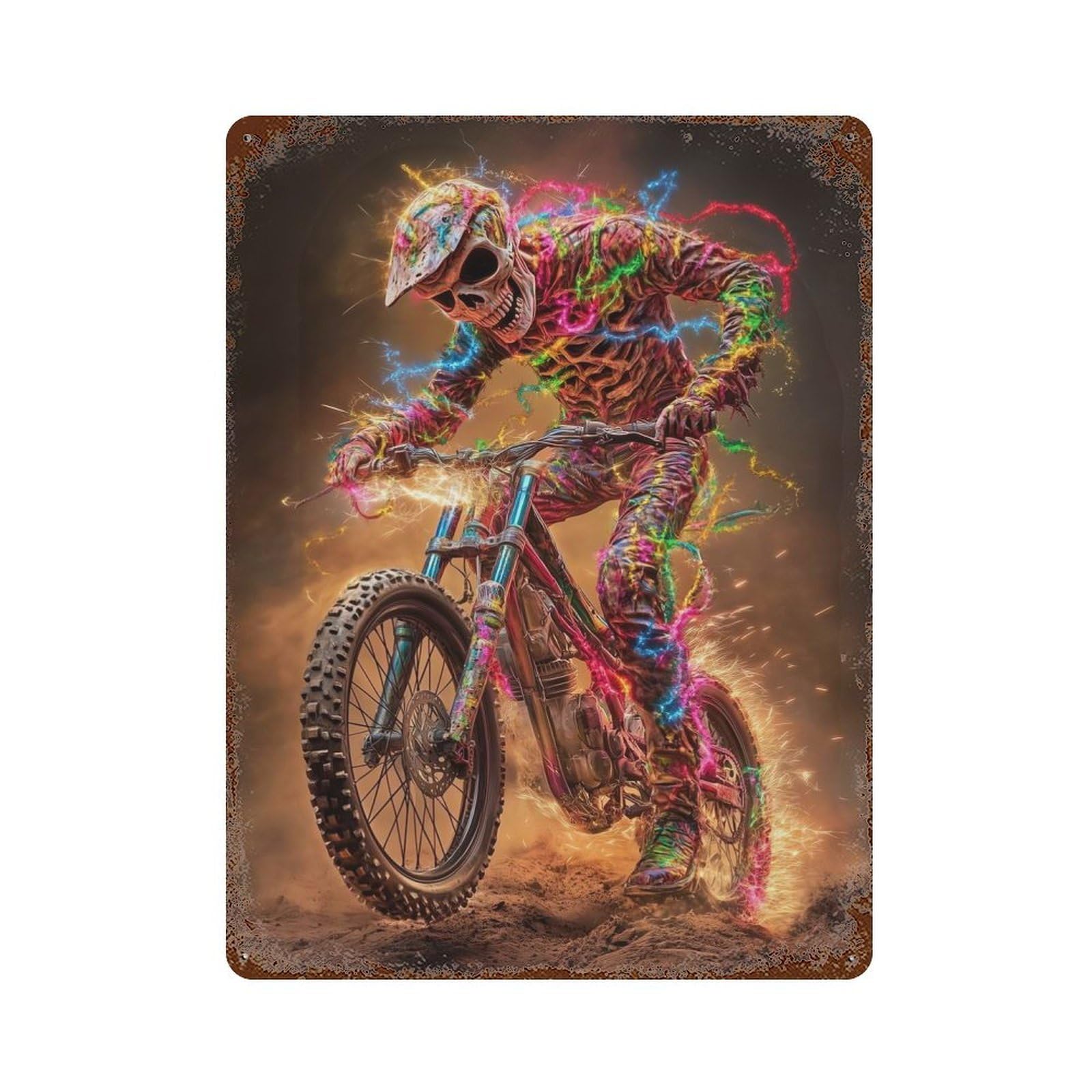 Skeleton Motocross Rider Aged Metal Wall Plaque 15.7"x11.8", for Shed, Workshop And Garage Wall Decor, Old School Wall Decor
