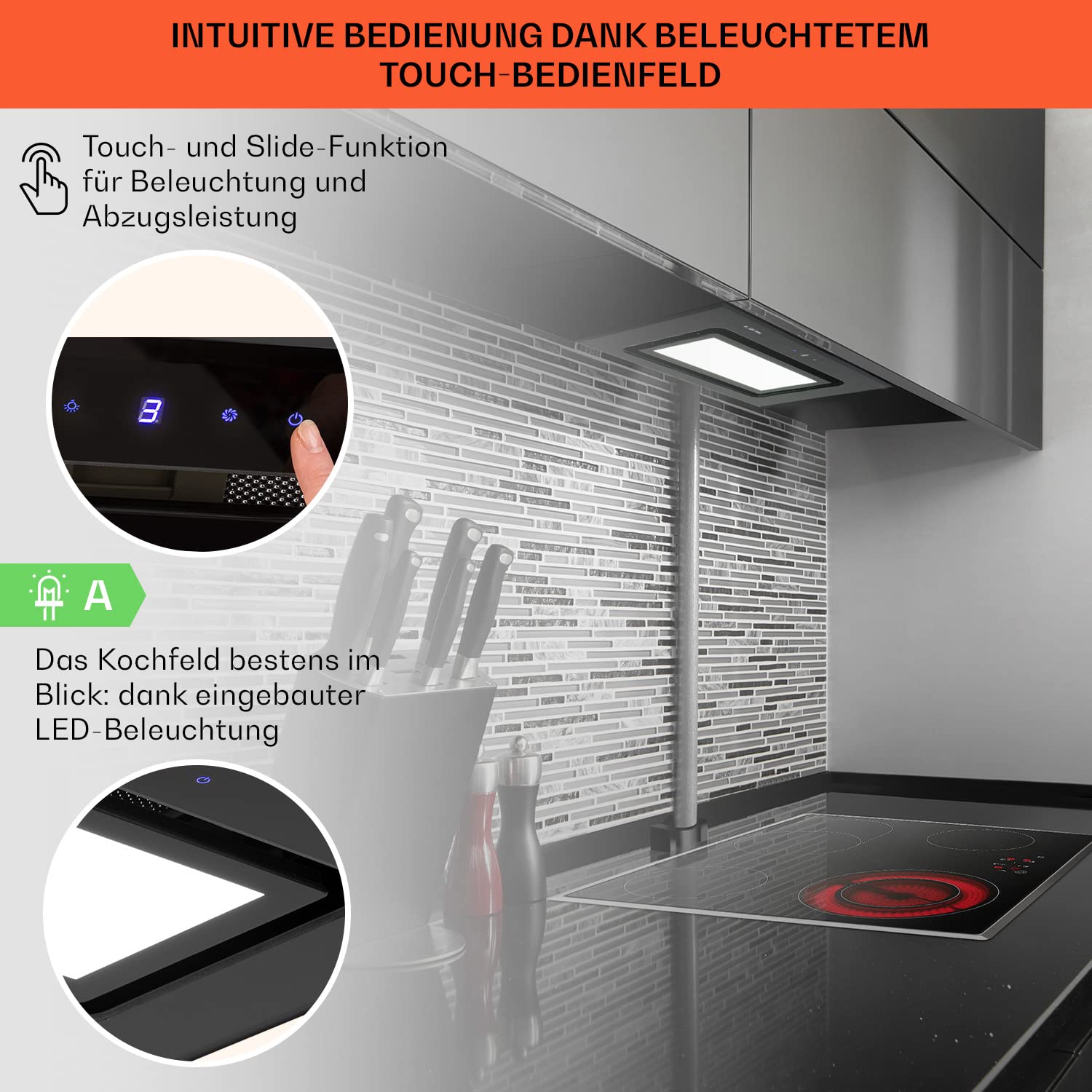 Klarstein Dunstabzugshaube Unterbau, Einbau-Dunstabzugshaube Flach mit Spülmaschinenfestem Aluminium-Fettfilter, 506m³/h Luftstrom, LEDs, Abzugshaube aus Stahl, Dunstabzugshaube ohne Abluftrohr
