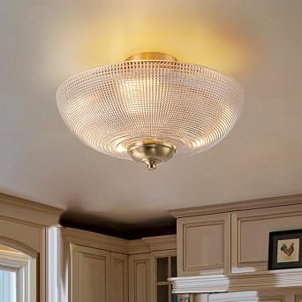 EDISLIVE 3-Light Vintage Glass Ceiling Light Brass Semi-Flush Lighting with Grid Shade,15.7" Antique Close to Ceiling Light E26 for Bedroom Dining Room Foyer Livingroom,Brass Copper Gold