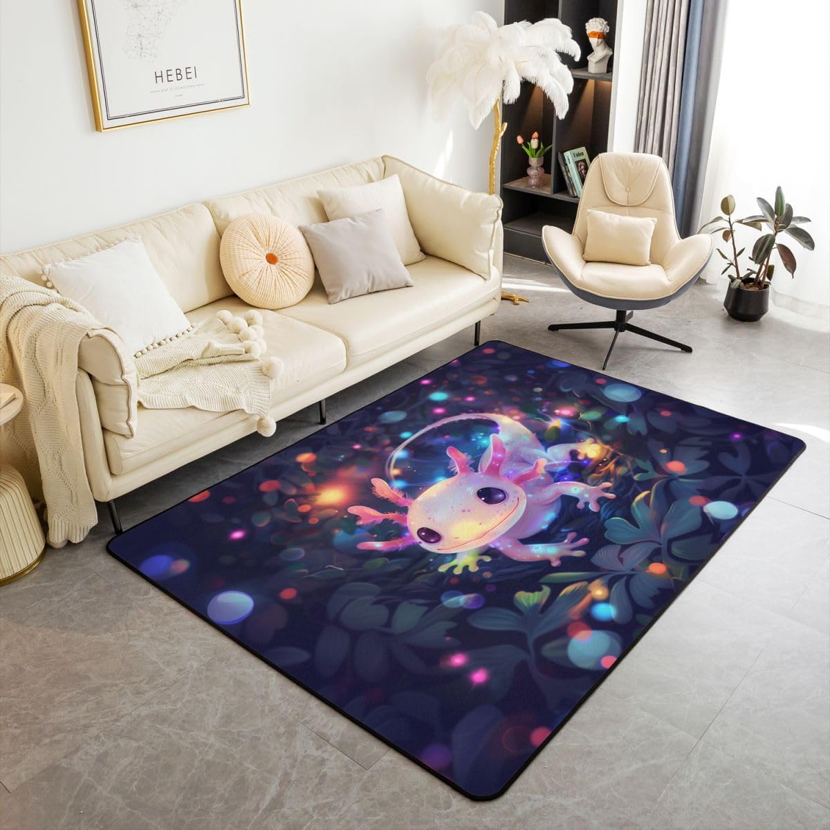 jejeloiu Cute Axolotl Area Rug 3x5 Polyester Rainbow Donut Living Room Rugs for Bedroom Cartoon Animal Decor Carpet Glitter Galaxy Indoor Floor Mat Soft Non-Slip