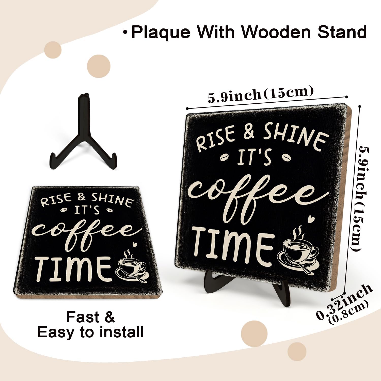 Farmhouse Coffee Bar Sign, Rise & Shine It's Coffee Time Desk Wooden Sign, 5.9"x5.9" Wood Plaque with Stand Gift for Home Kitchen Tabletop Decor,Cafe Bar Decor(Black) image 2