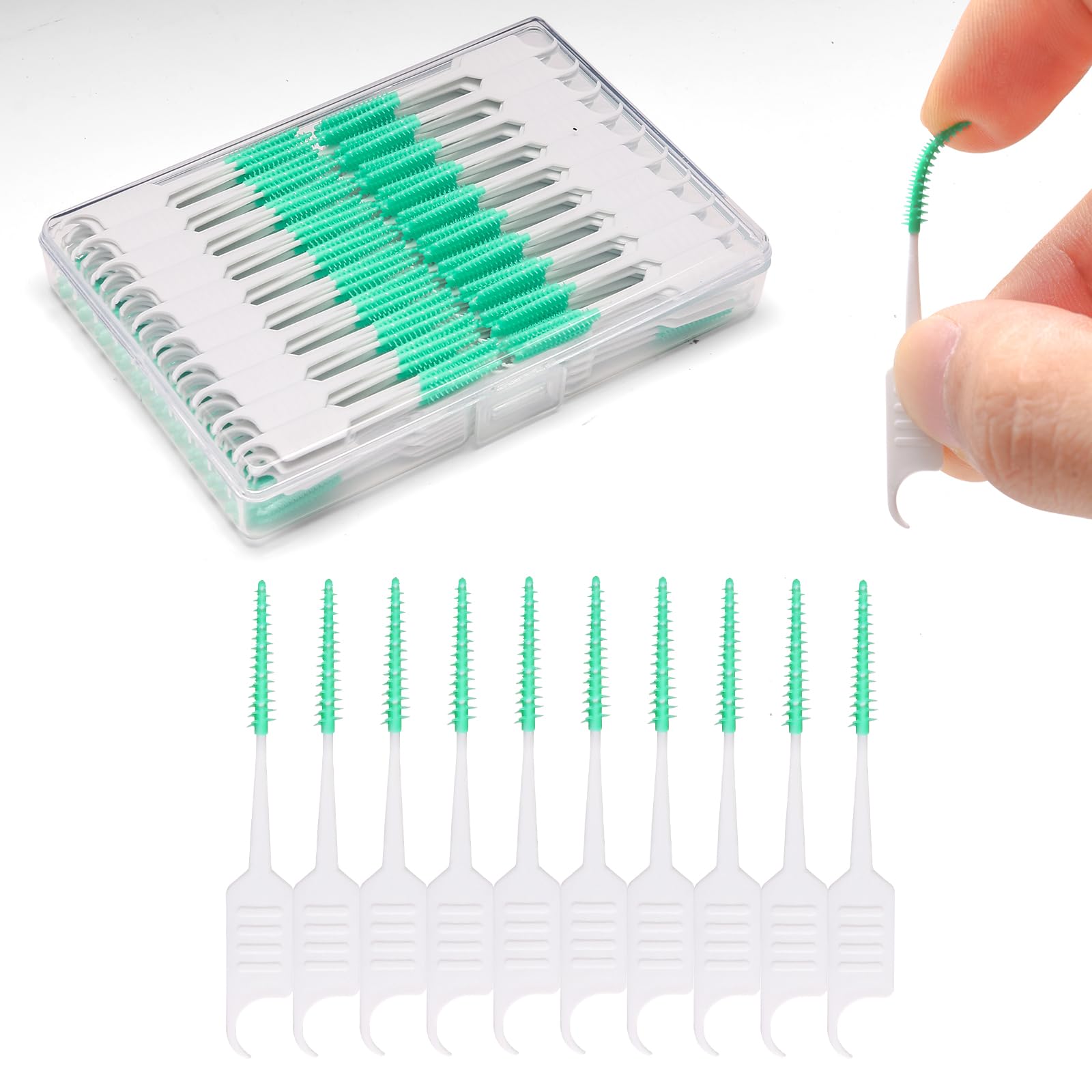 ACSKD 300PCS Dental Floss Picks,Dual-Use Interdental Brushes,Soft Silicone Brush Head Toothpicks, Tooth Picks Flossers for Teeth Braces Cleaning (Green)