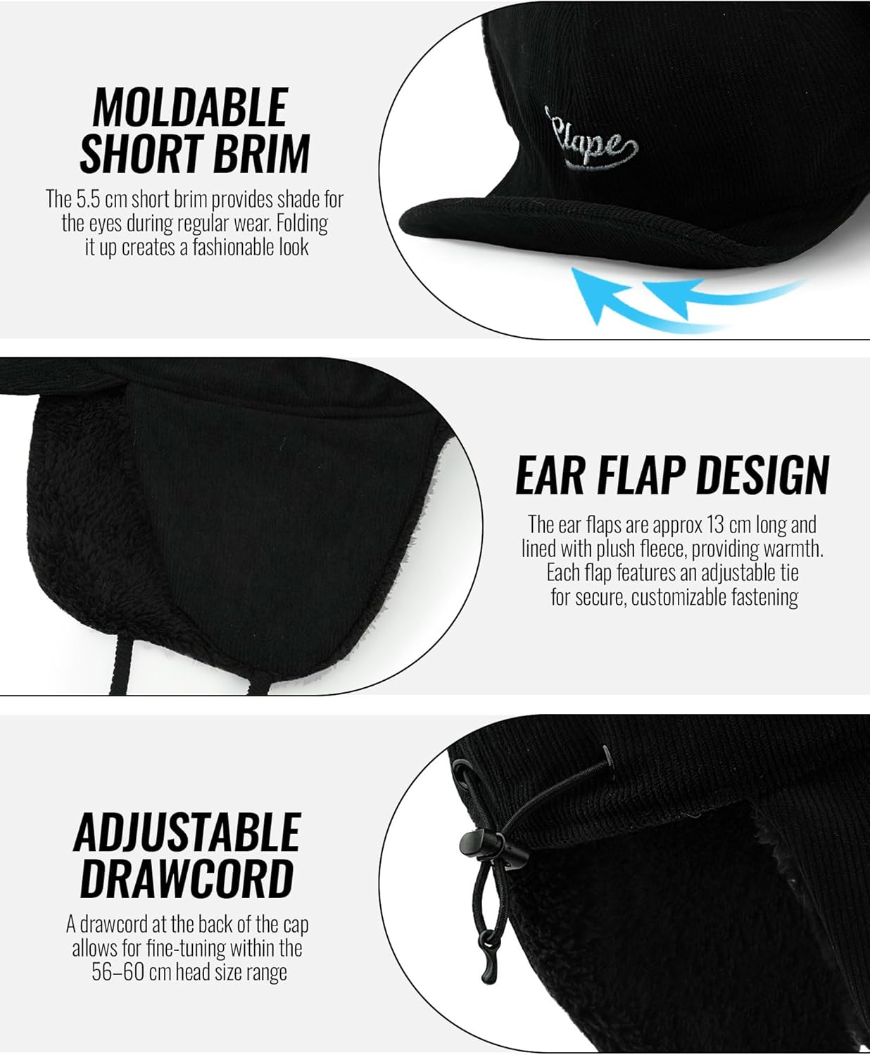 CLAPE Men Winter Baseball Cap, Outdoor Windproof Warm Fleece Trapper Hat w/Visor & Earflap for Clod Weather, Adjustable Size Black