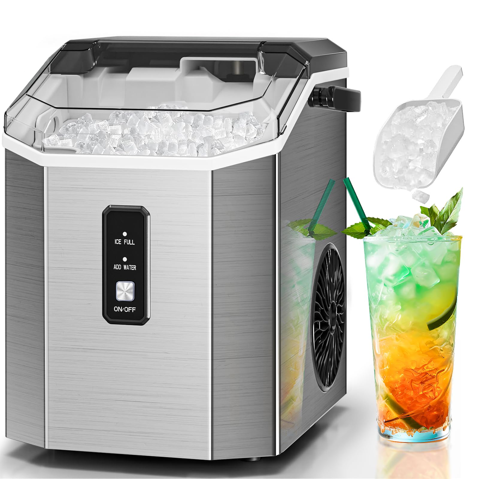 Máquina para hacer hielo en pepitas, portátil, de encimera, con autolimpieza, 16 kg, triturador de hielo durante 24 horas, con asa, cesta y pala para el hogar, cocina, oficina y camping, de acero inoxidable plateado