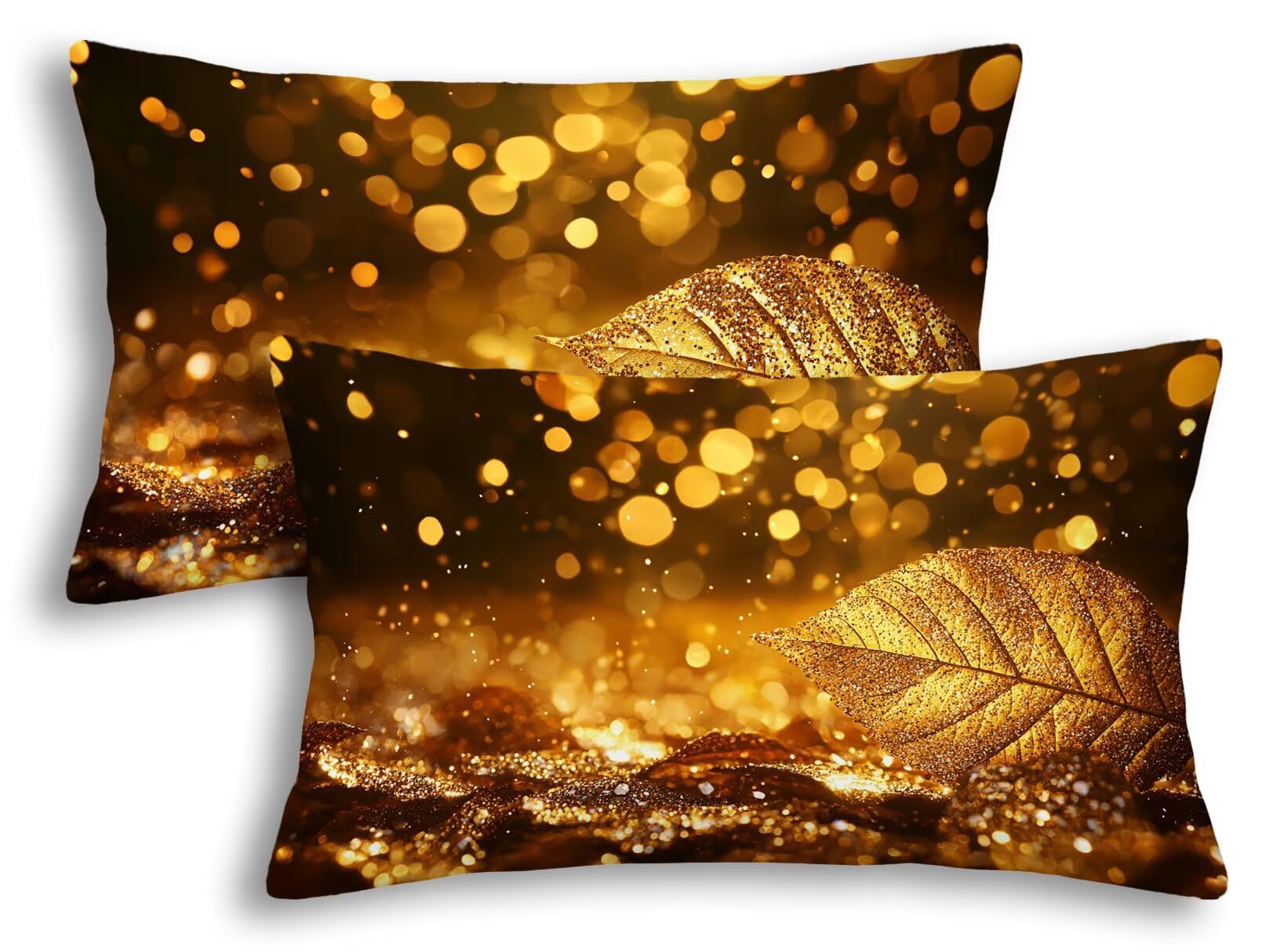 Taie d'oreiller velours 50x80 cm or lot de 2 housses de coussin feuilles