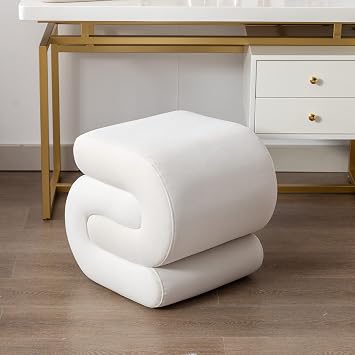 Foot Stool, Modern S-Shape Velvet Ottoman Makeup Chair Footstool Under Desk, Upholstered Extra Seating for Living Room, Bedroom, Entryway, Office White