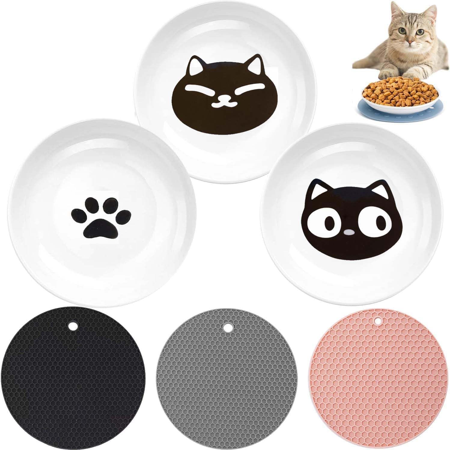 Comedero para Gatos,Comedero Gato con Antideslizante Alfombrilla,Ceramica Cuenco Gato,Cuencos Plano de Ceramica para Gatos,Cuencos para Gatos,Plato Comida Gato Plano,Comedero para Gatos de Cerámica