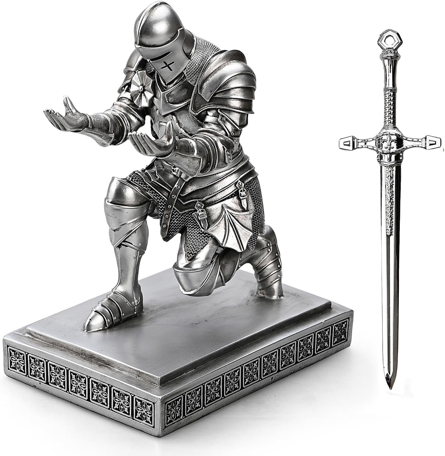Medieval Armored Warrior Knight Pen Holder Desk Organizers and Accessories Resin Pencil Holder Paperweight as Gift with a Cool Letter Opener for Desk (Silver)