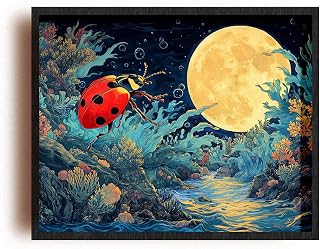 (Unframed) (10 x 8 IN) Matte Wall Art Print Of Ukiyo-e Poster: Stunning Red Ladybug Dancing in Moonlight Across a River in a Vibrant Underwater Coral Reef, Inspiring Spiritual Enlig. - 925POSMk1204cWH