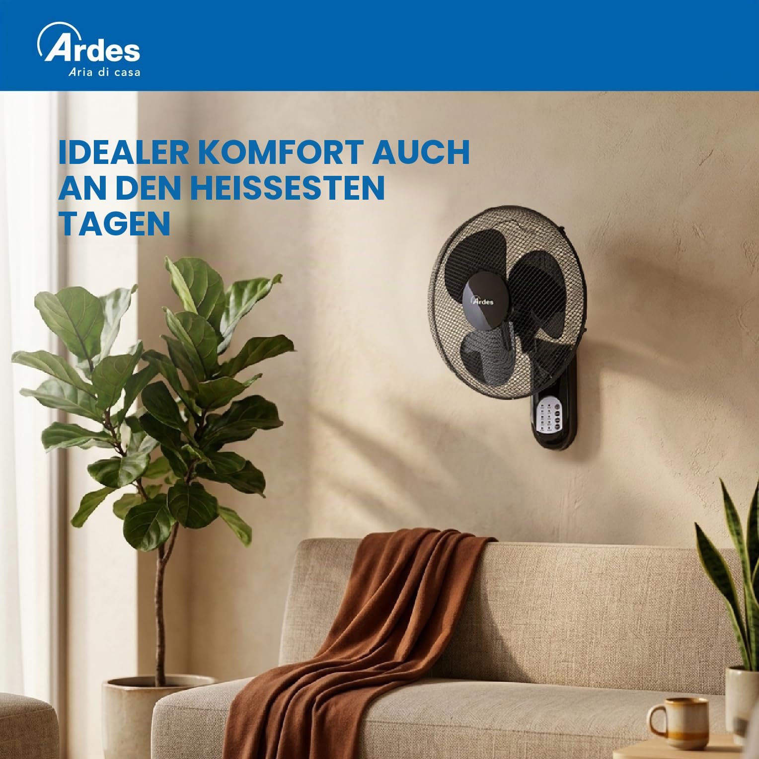 ARDES Wandventilator 40 cm Fernbedienung Oszillation Timer 3 Geschwindigkeitsstufen schwarz AR5W40R