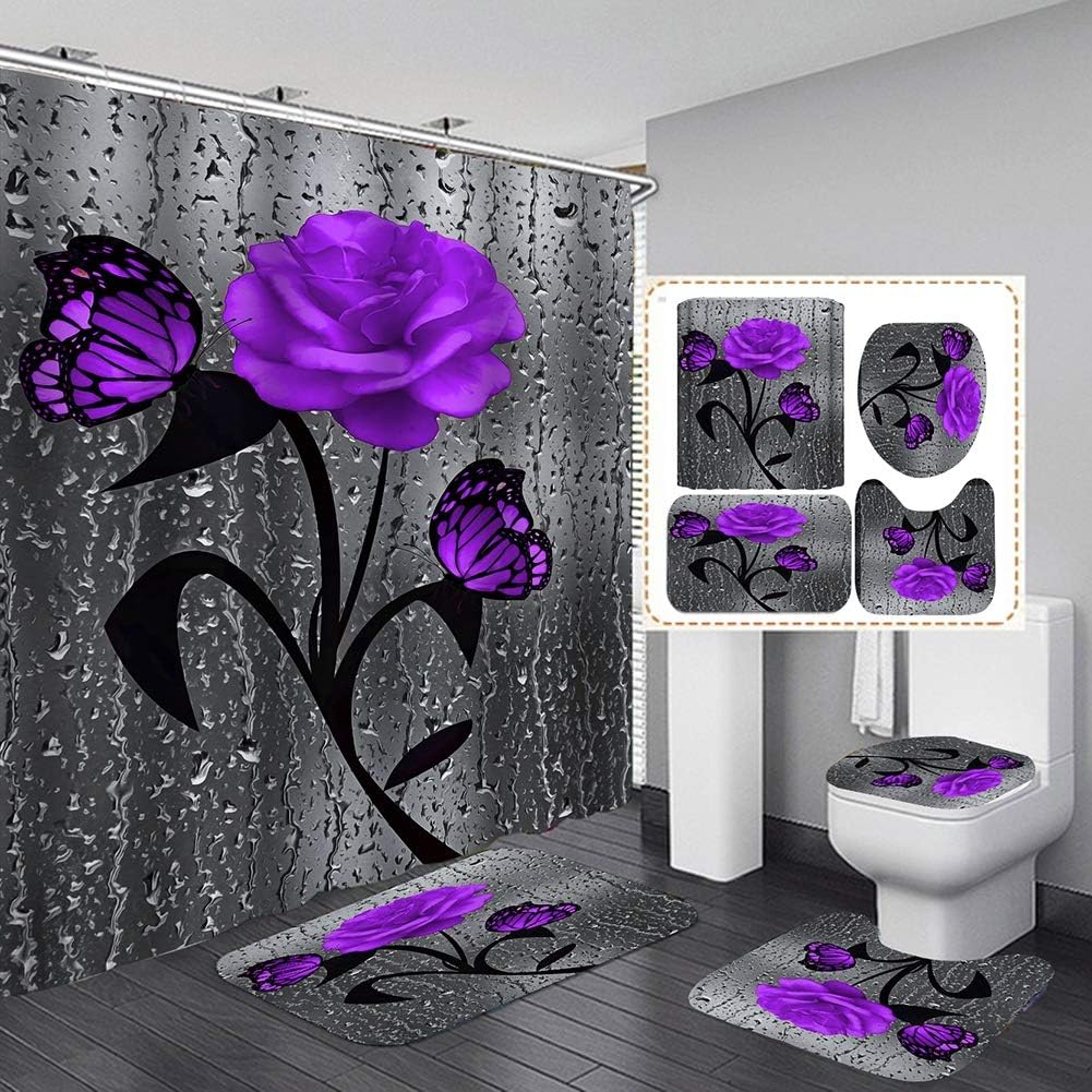 Hankyky Flower Shower Curtain Sets with Non-Slip Rugs,Toilet Lid Cover and Bath Mat,Butterfly and Rose Shower Curtain with Hooks Fabric Waterproof Shower Curtain Bathroom Decor