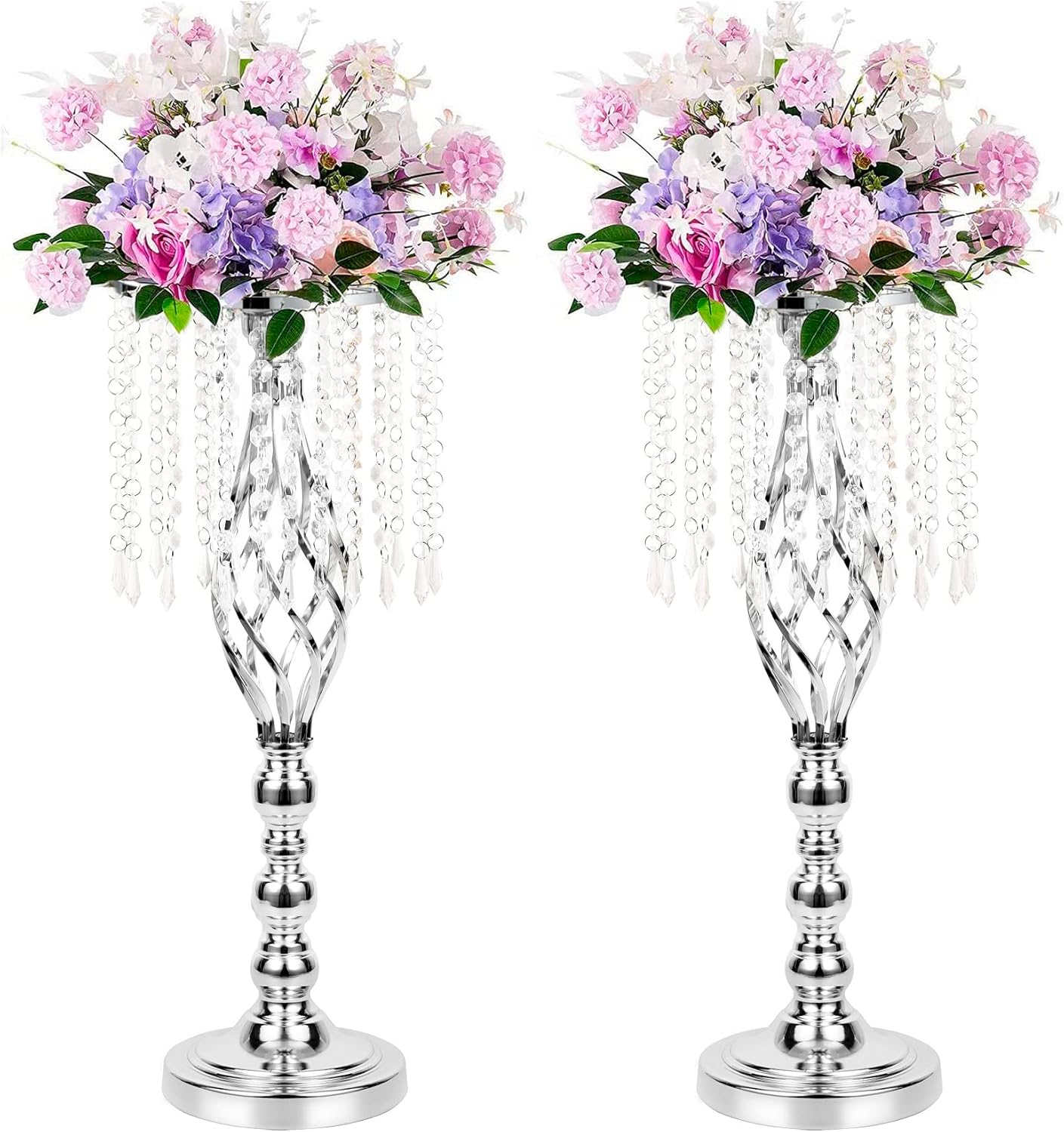 LANLONG 2pcs Silver Metal Flower Vases Crystal Flower Stand Wedding Centerpieces for Tables Party Dinner Event Restaurant Hotel Decoration