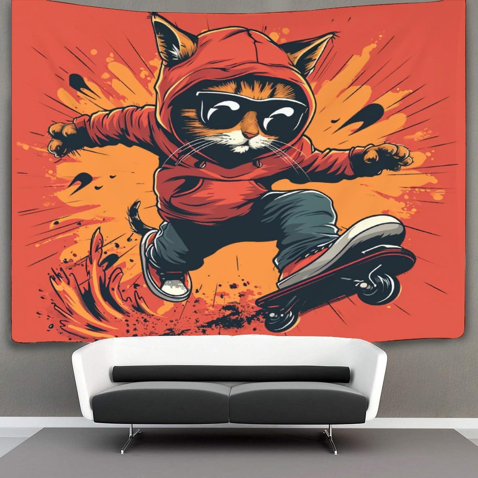 kaiyun Lnline Skating Cat Decor Tapestry,Animal Wall Art Tapestries Wall Hangings for Living Room Bedroom Dorm 150cmx200cm
