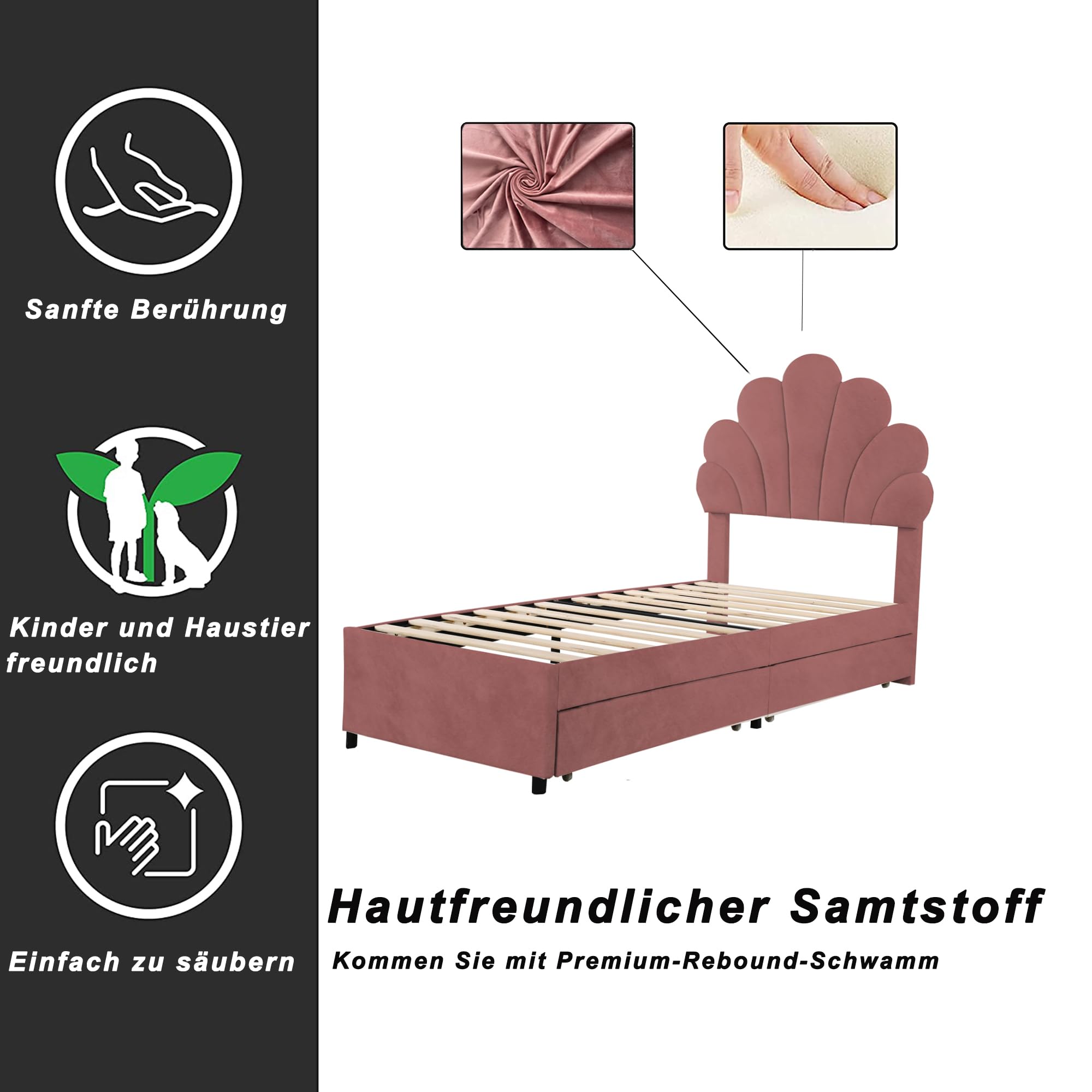 Lit Simple 90x200 Cm Avec Tête De Lit Princesse Papillon - Cadre Velours Rose, Sommier à Lattes, Hauteur Réglable, Pour Enfant/fille
