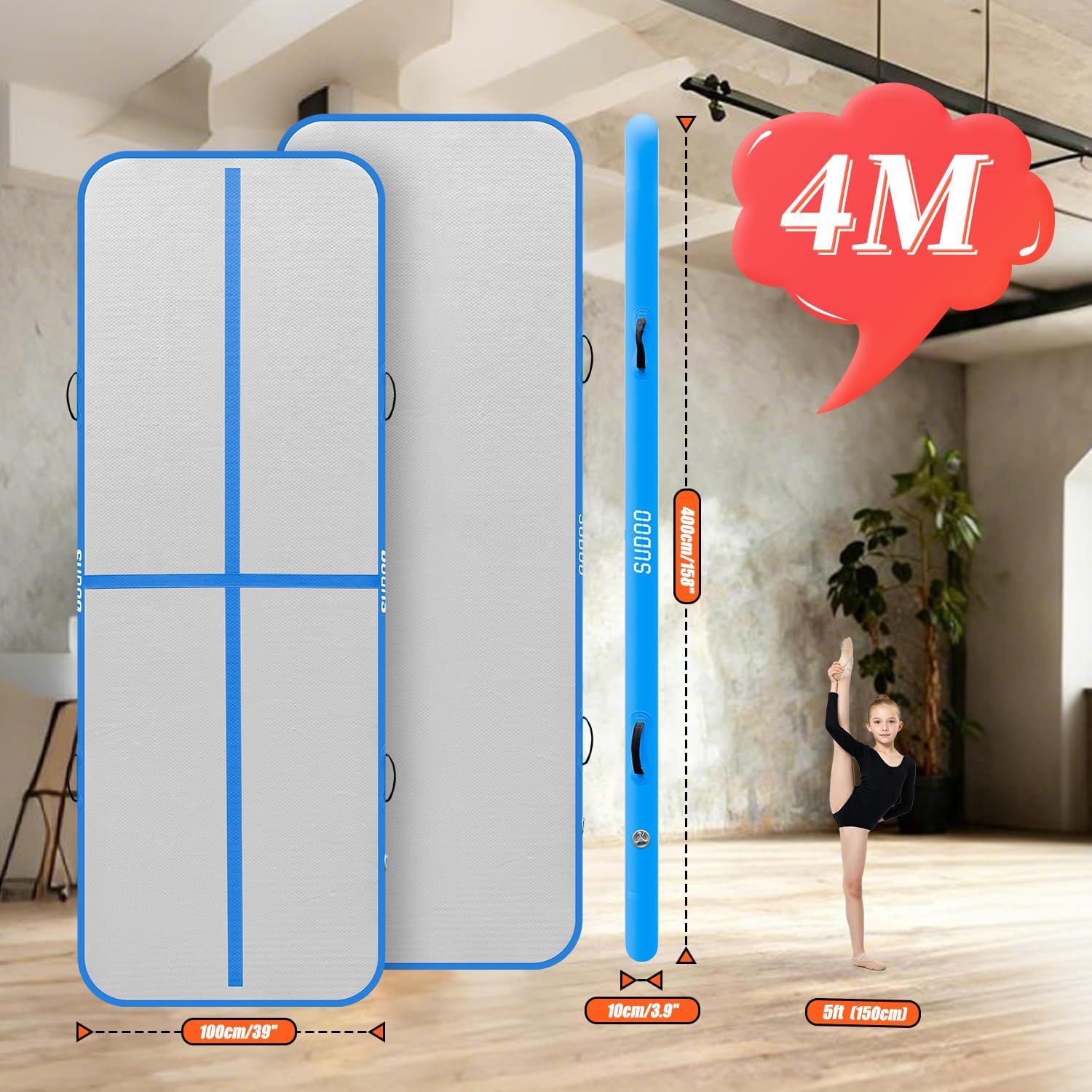 SUDOO Gymnastics Air Mat 8.2ft/10ft/13ft/16ft Inflatable Air Tumble Track Mat 4" Thick Tumbling Mat With Pump/No Pump for Training Tumble Yoga Cheerleading Parkour Beach Water Activities Home Use