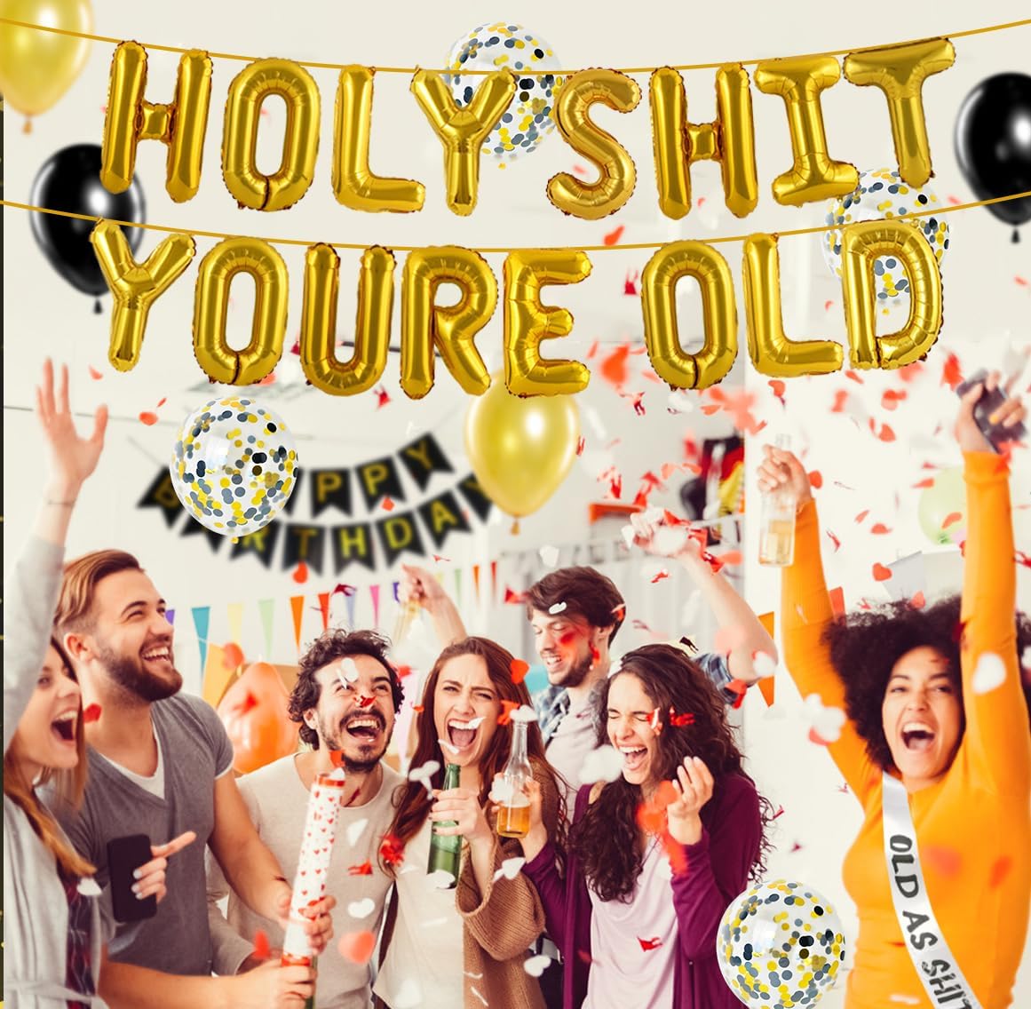 Holy Shit You're Old Banner Birthday Decorations, Black and Gold Glitter Balloons Old as Shit Sash Happy Birthday Cake Topper for Over The Hill Funny Old Age Birthday Decorations Supplies