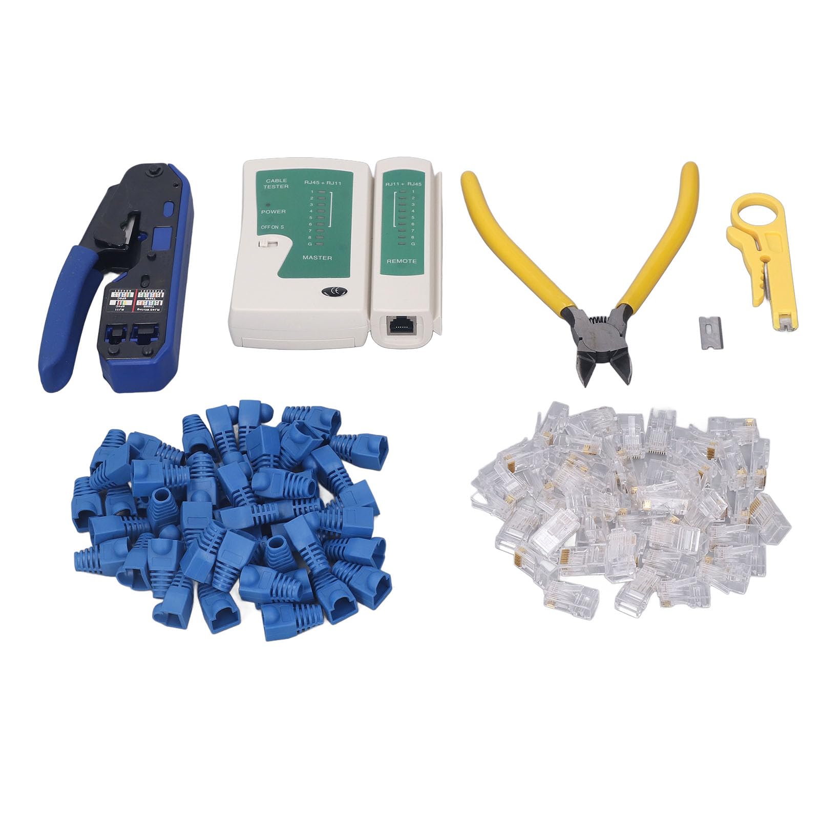 Kit d'outils de sertissage RJ45, ensemble d'outils de sertissage avec testeur de câble réseau, tête de cristal 8P8C pour connecteur Cat5 Cat6, comprend une pince à dénuder, un
