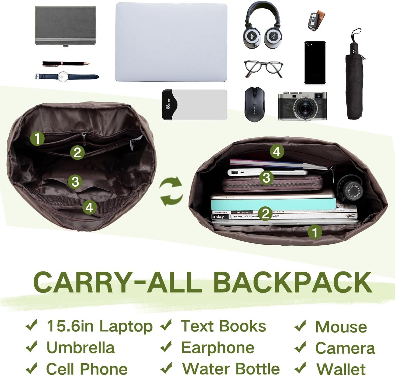 VASCHY Backpack for Men, Water Resistant High School Backpack Travel Carry-on Anti-theft Casual Daypack for Work Business Hiking Green
