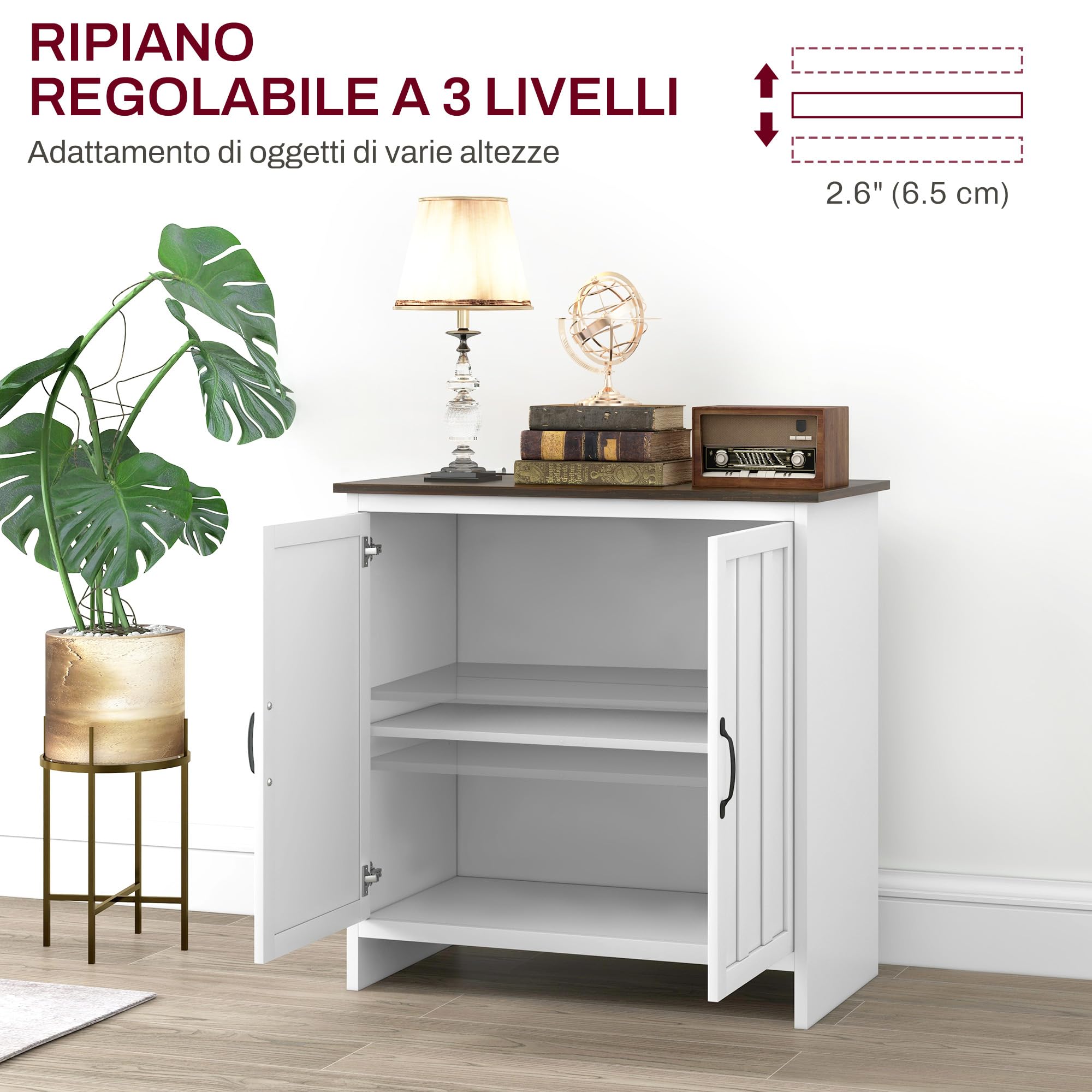 HOMCOM Credenza Cucina Moderna Mobile 2 Ante in Legno 80x39.7x80cm Bianco | Ripiano Regolabile, per Soggiorno e Ingresso