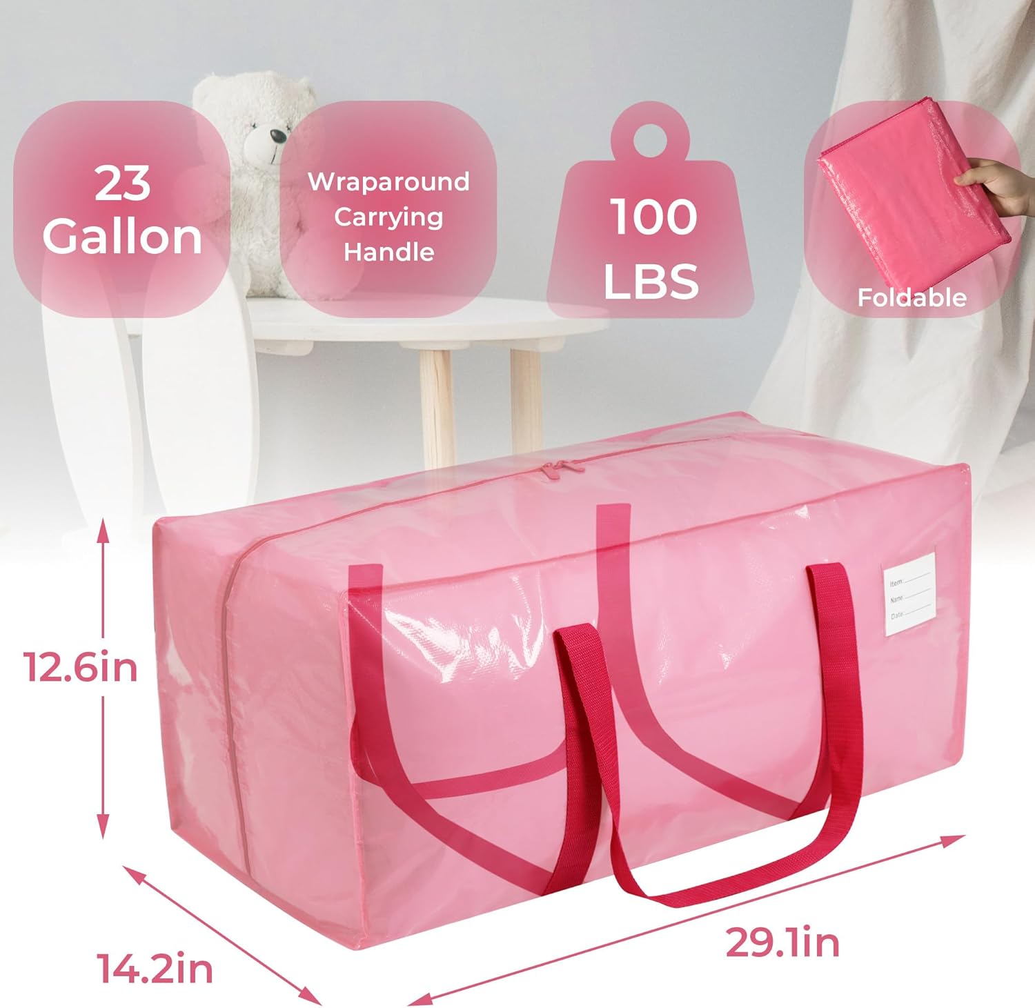 6 Pack Extra Heavy Duty Large Moving Bags with Comfortable Handle & Strong Zipper,Storage Totes for Space Saving Moving Storage College Supplies Alternative to Moving Box,Pink - Image 3