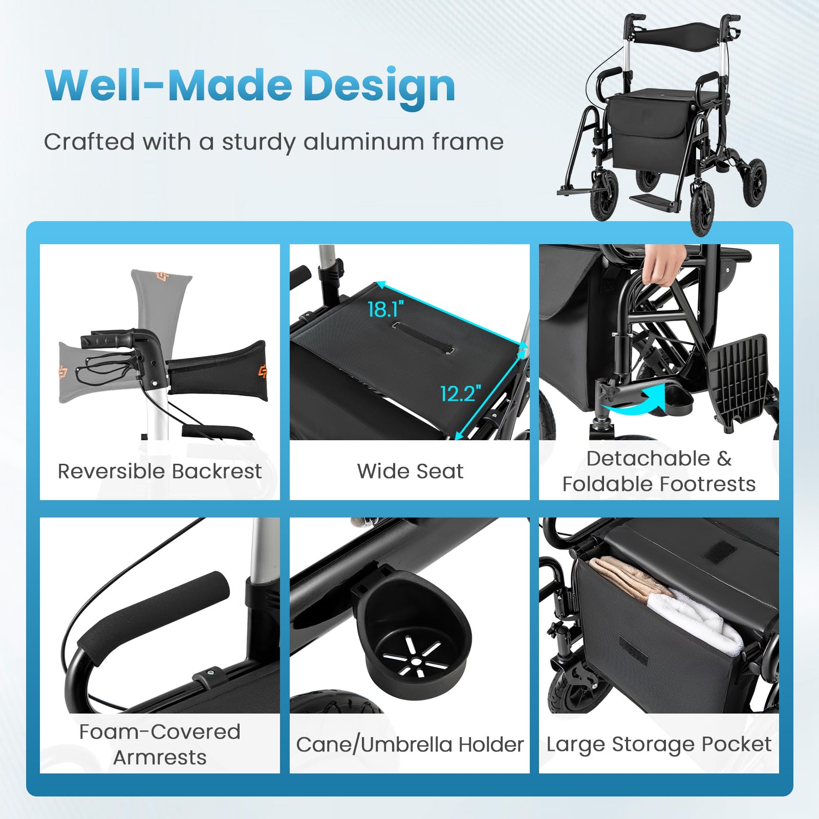 FANTASK 2 in 1 Rollstuhl & Reiserollator, Rollator faltbar & leicht mit Luftbereifung, Gehhilfe bis 140 kg, Rückenlehne mit Sitz 6-fach höhenverstellbar, Gehwagen mit Tasche & Stockhalter (Schwarz)
