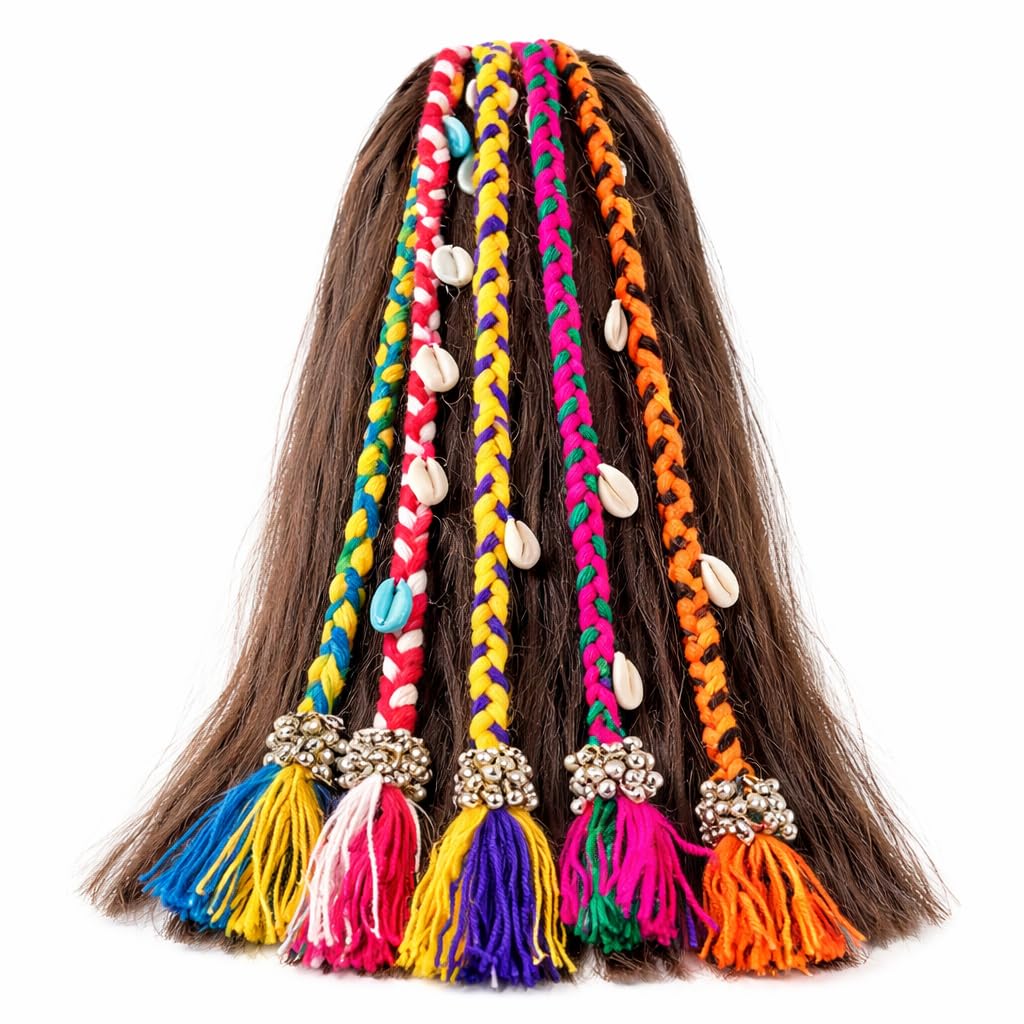 Navratri Multicolour Hair Braids Extension for Women & Girls with Decorations | Wool Boho Tassel Hair Accessory with Rubber Band, Plastic Shells | Garba, Dandiya, Navratri Festival Hairstyle Extension (Multicolour Wool & Plastic Shell)-image-28
