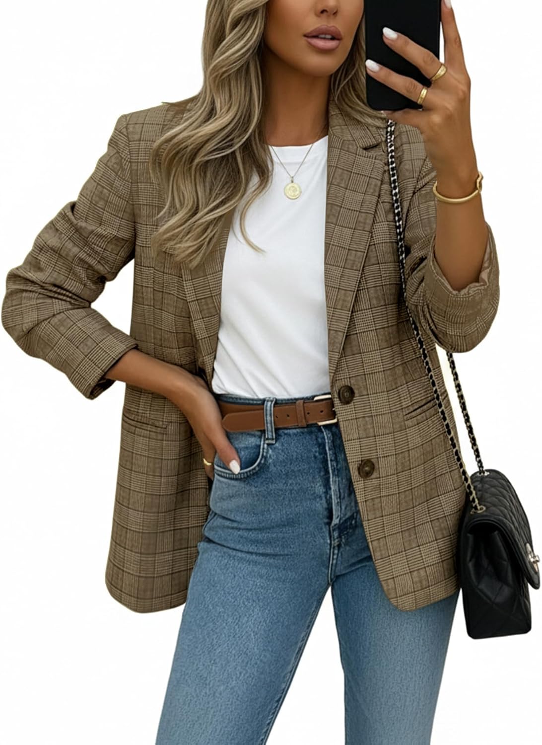 Mina Self 2026 Spring Women's Plaid Houndstooth Blazer Jacket - Fully-Lined Fashion Loose Work Office Suit with Pockets - Image 2