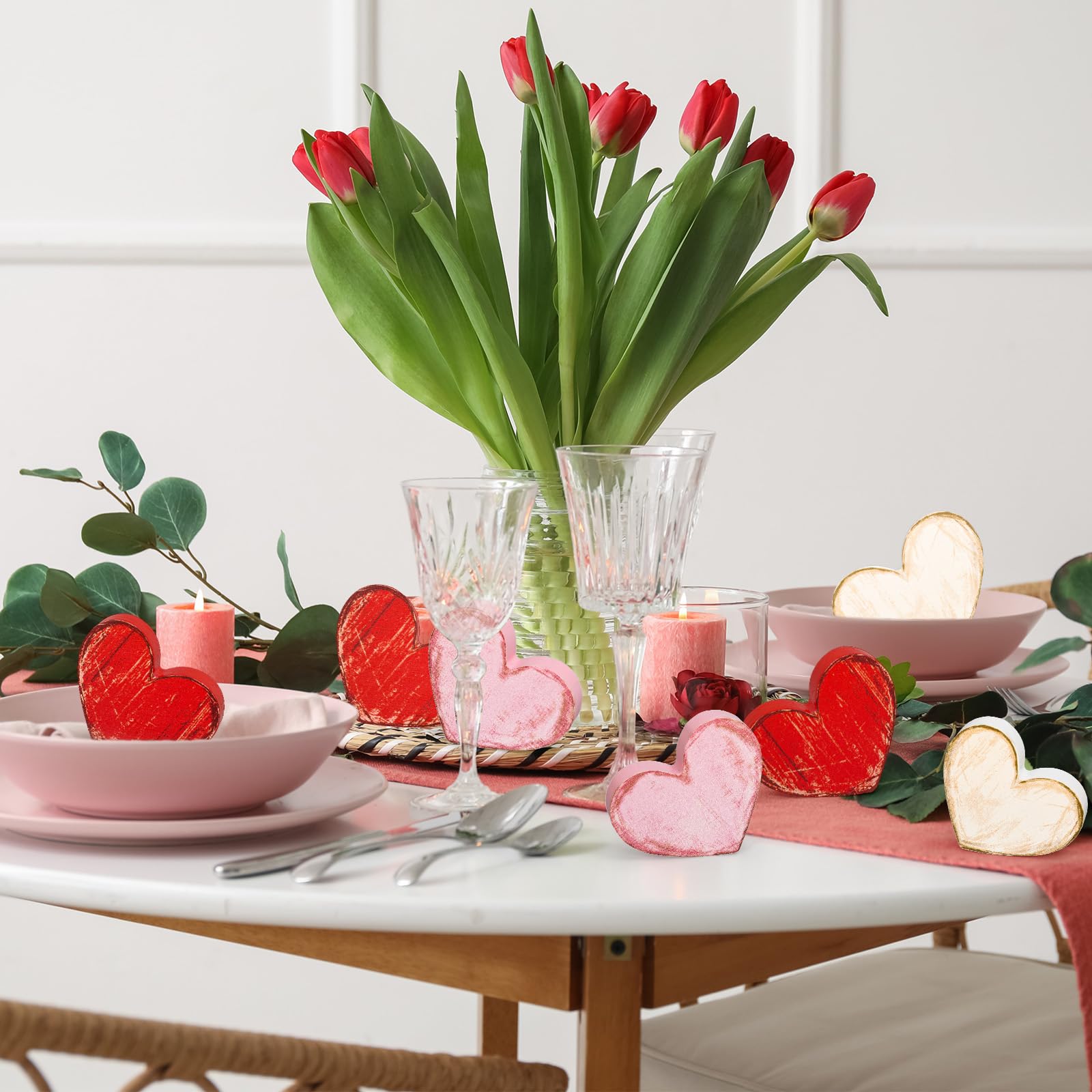 FYSUIMU 12 cartelli da tavolo in legno retrò per San Valentino, a forma di cuore, centrotavola rustico, rosso, rosa, bianco, vassoio decorativo per anniversario di matrimonio, casa, fattoria