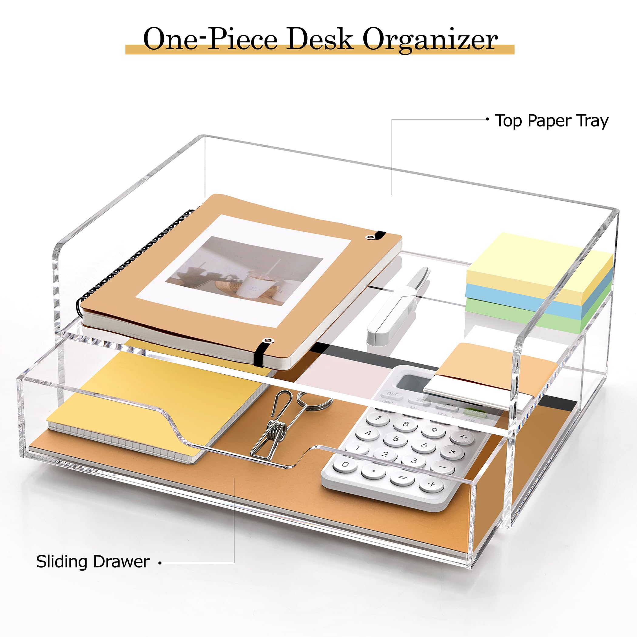 SANRUI Desk Organizer with Sliding Drawer Desk Organizers and Accessories for Office Organization and Storage, Acrylic File Organizer Drawer Stackable 2-Tier Paper Organizer,Clear