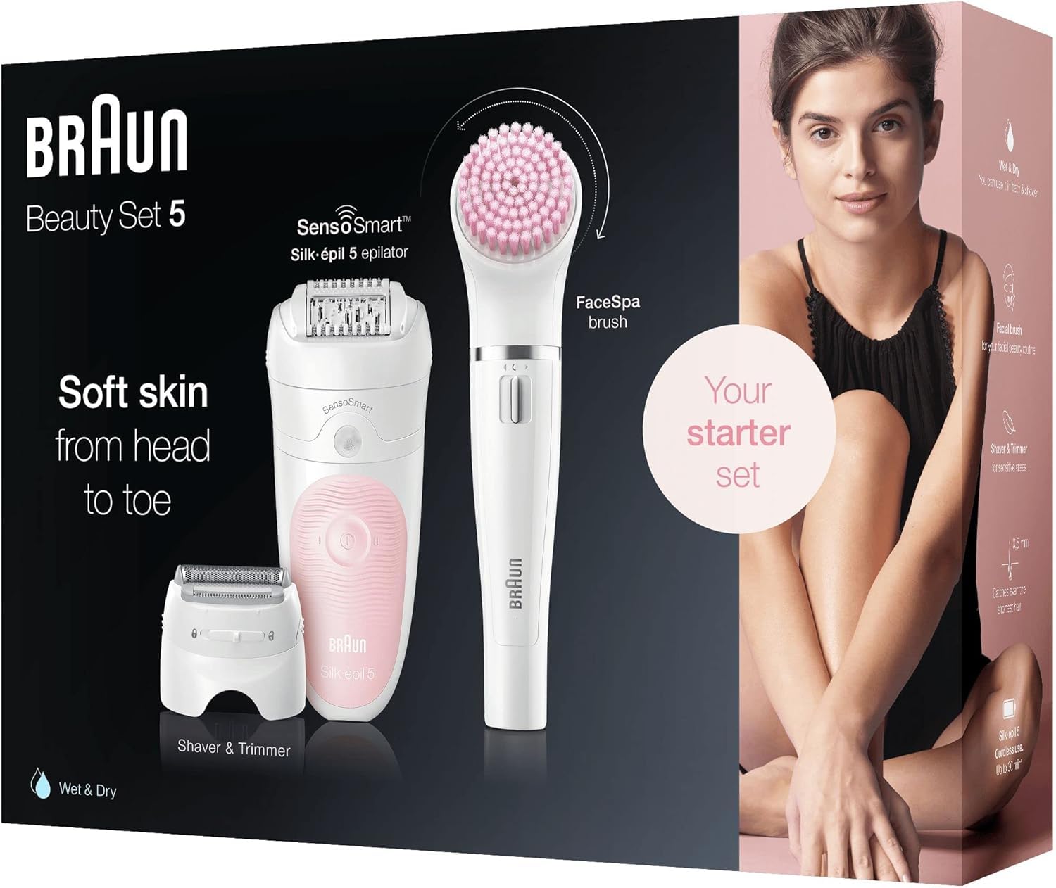 Braun Silk-épil 5 zestaw kosmetyczny, depilator dla kobiet/depilator, nasadki do golenia, peelingu, oczyszczania twarzy i ciała, torba, 5-895, biały/flaming