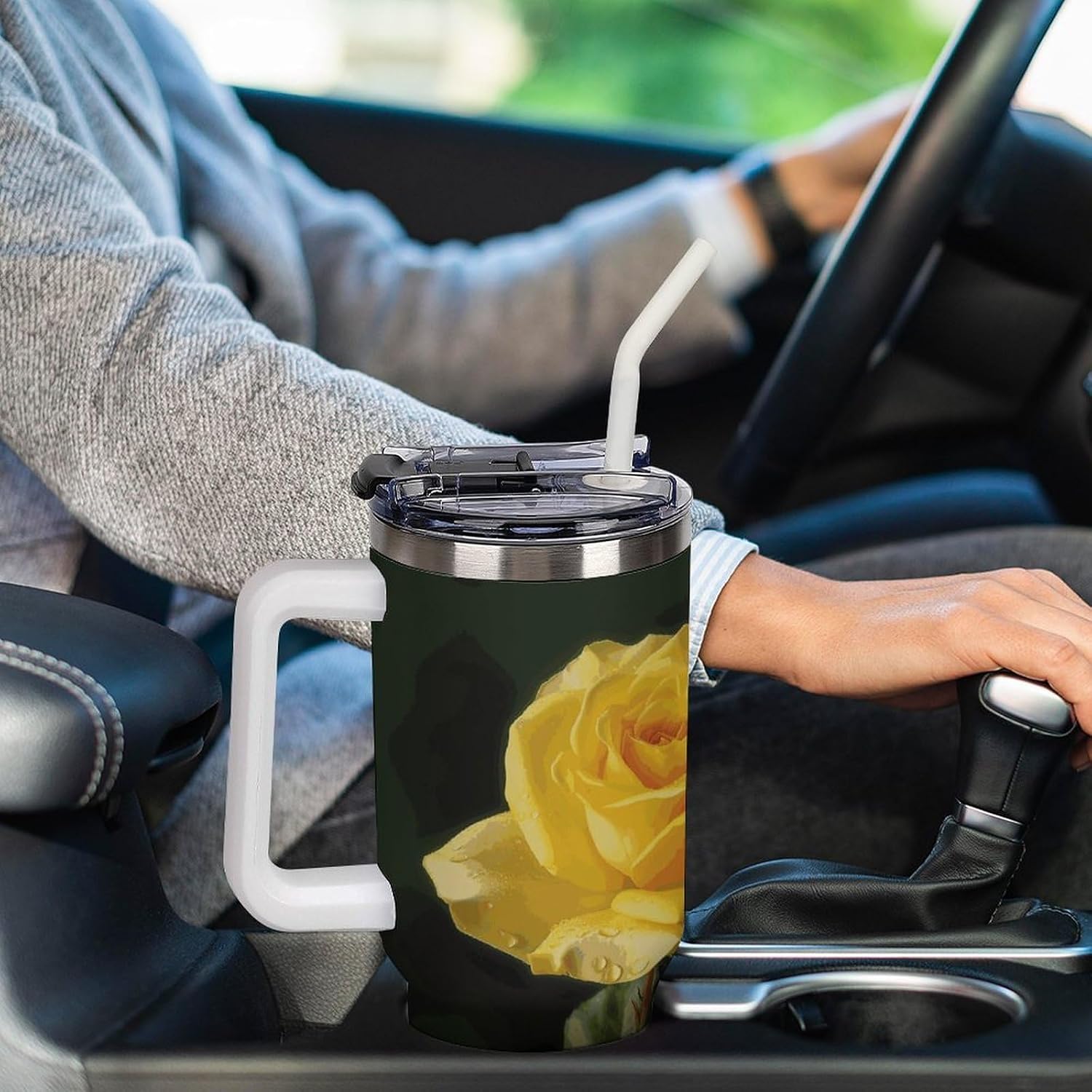 Yellow Rose Tumbler 40 Oz with Handle&Lid Large Car Cup Stainless Steel Vacuum Travel Mug Insulated Water Bottle Leak-proof Portable Coffee Cup for Home Car Outdoor