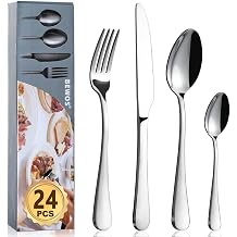 Cutlery Set, BEWOS 24-Piece Stainless Steel Flatware Set, Tableware Silverware Set with Spoon Knife and Fork Set, Service for 6, Dishwasher Safe/Easy Clean, Mirror Polished
