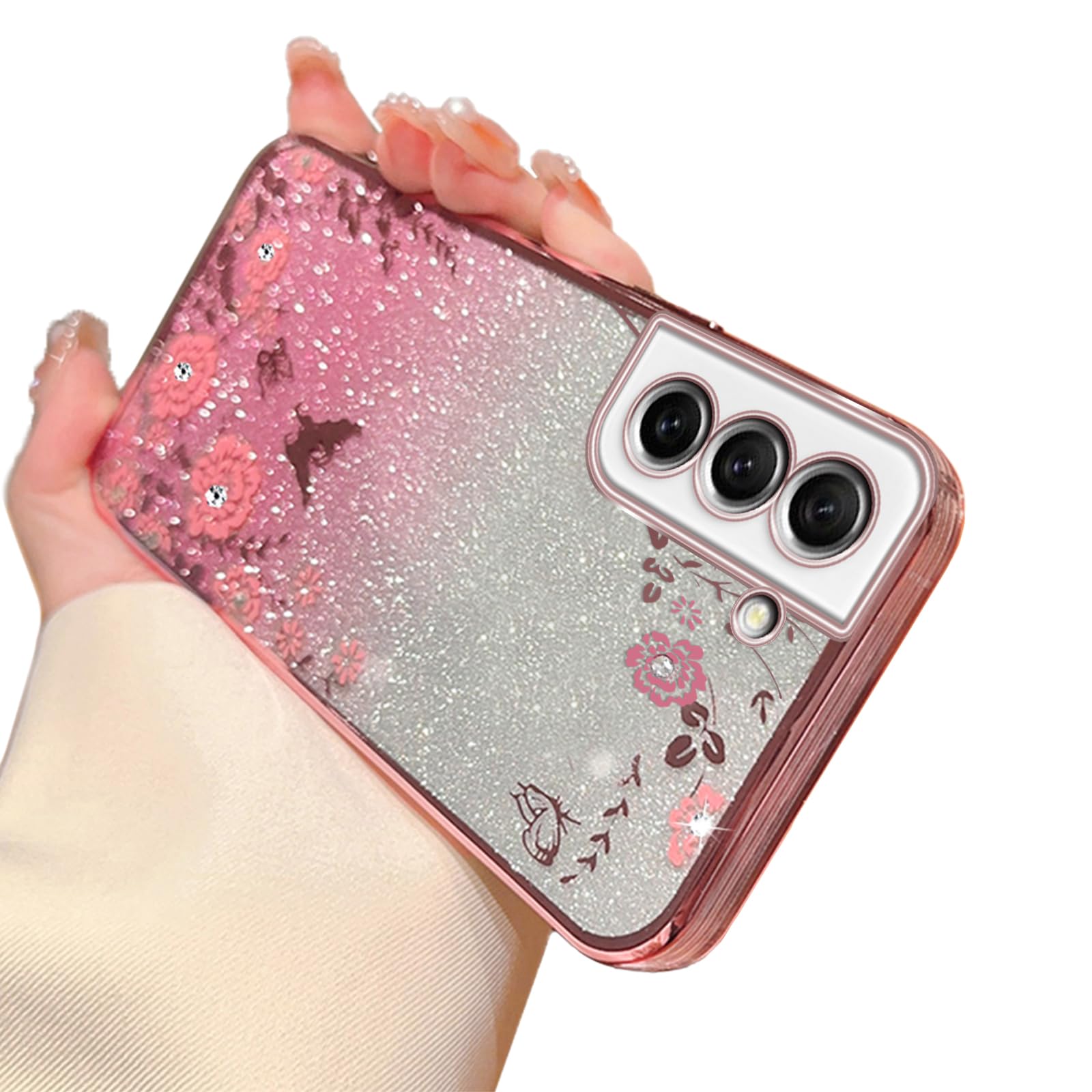 for Samsung Galaxy S21 FE Case for Women Gradual Change Glitter Crystal Soft TPU Stylish Butterfly Floral Heart Clear Protective Cover with Strap for Samsung S21 FE (Rose Gold)
